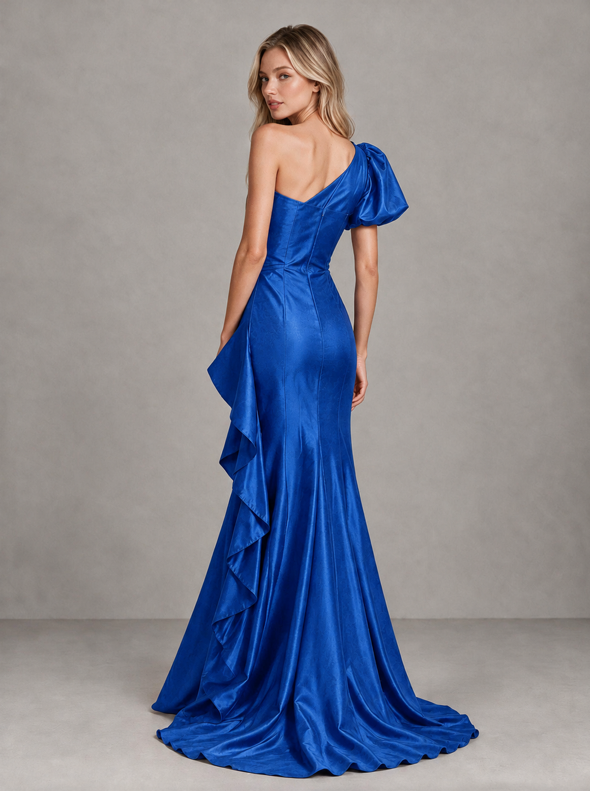 BOLODOO Blue One-Shoulder Satin-Look Mermaid Evening Dress with Ruffles - Blue - Blue (2)