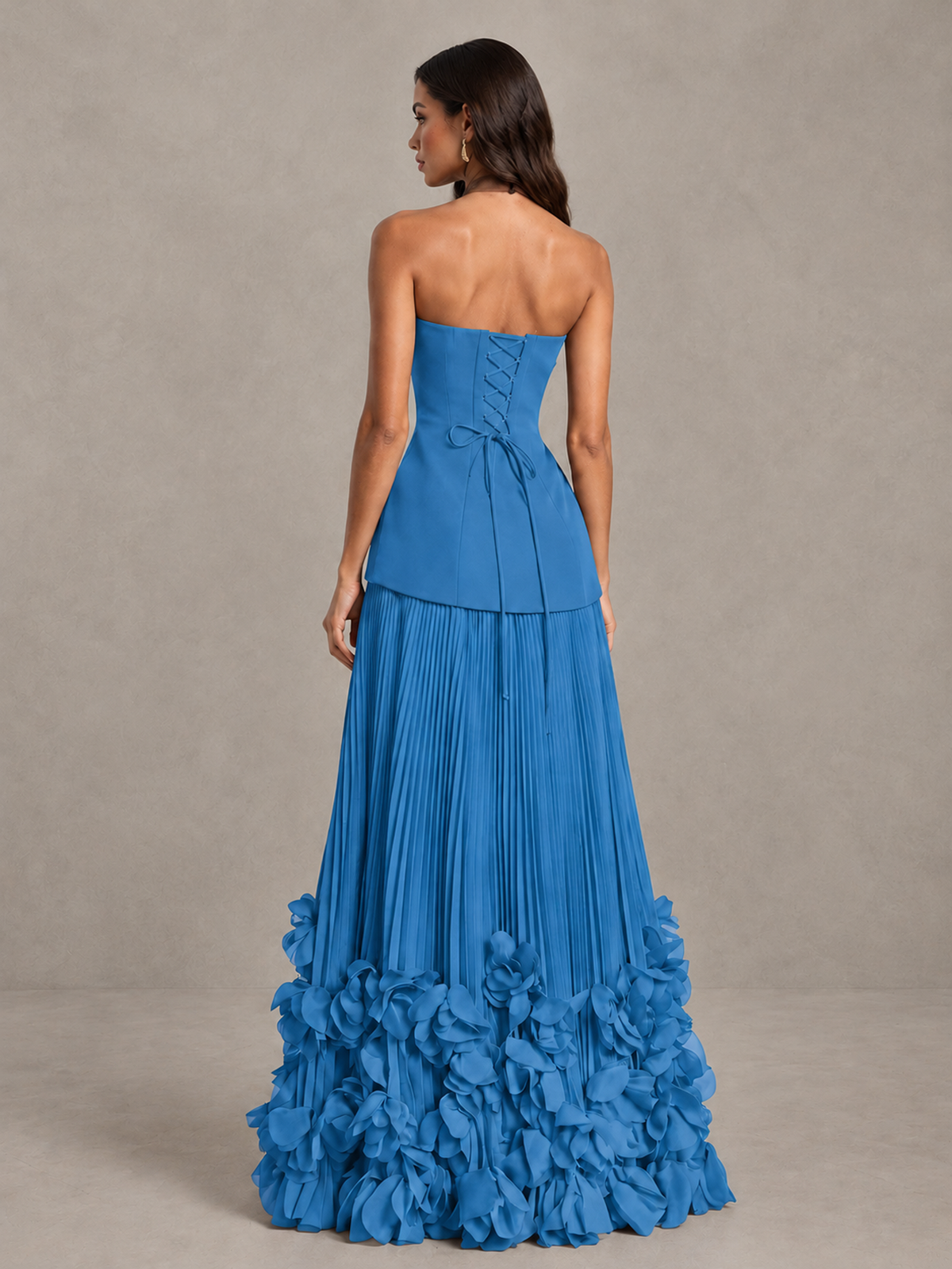 BOLODOO Blue Halter Neck Floor-Length Evening Gown with High Slit & 3D Floral Hem - Blue - Blue (2)