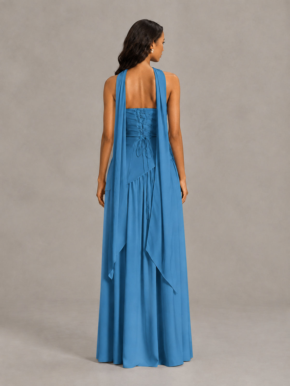 Blue Strapless Bridesmaid Dress with Scarf & High Slit - Blue - Blue (2)