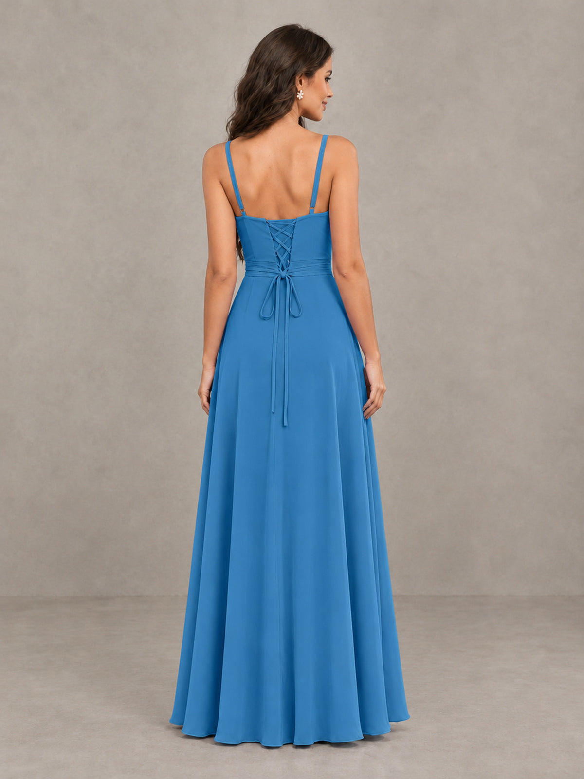 BOLODOO Blue Spaghetti Strap Ruffle Bridesmaid Dress with Slit - Blue - Blue (2)