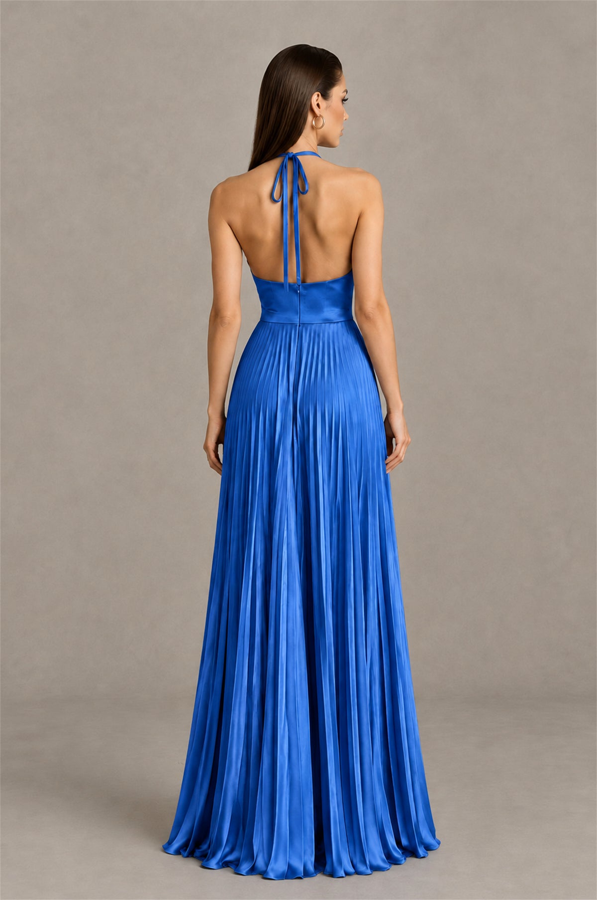 BOLODOO Blue Halter Pleated A-Line Evening Dress - Blue