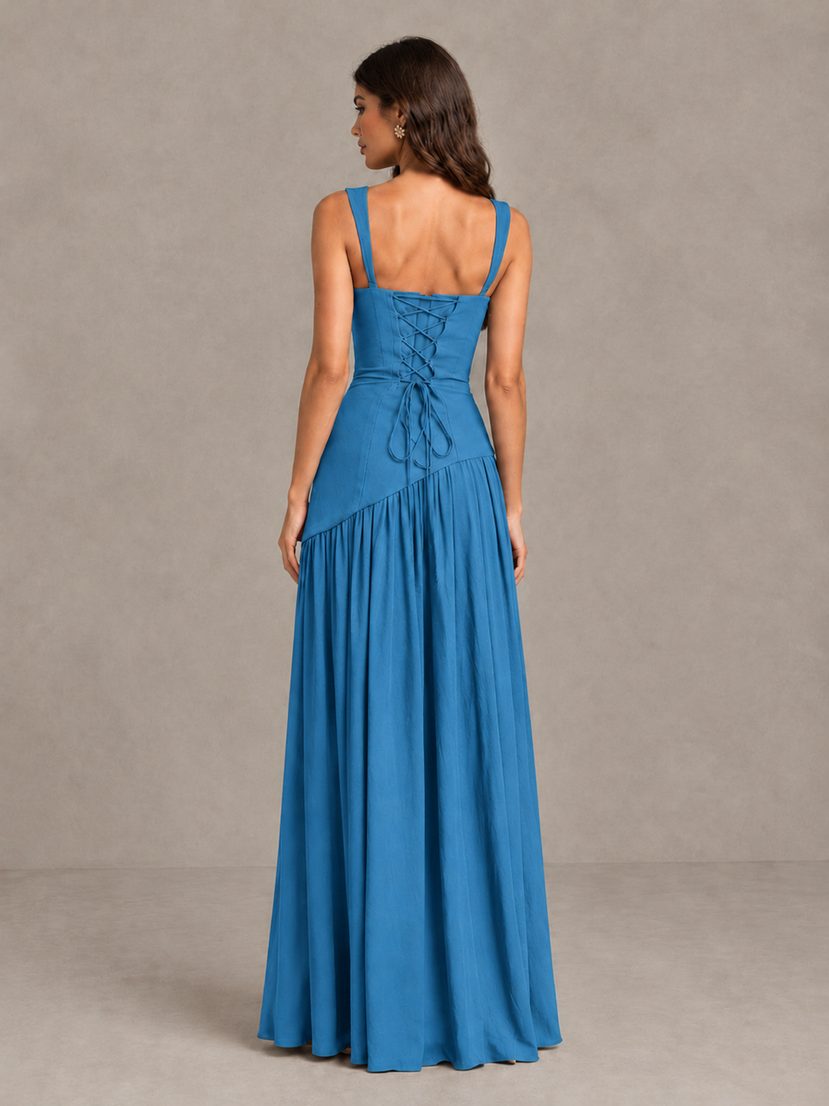 BOLODOO Blue Brown Scarf Bridesmaid Dress with Lace-Up Back - Blue - Blue (2)