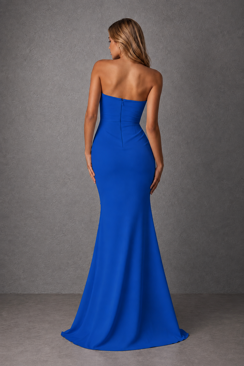 BOLODOO Blue Strapless Sweetheart Ruched Mermaid Gown | Cascade Drape Formal Evening Dress - Blue