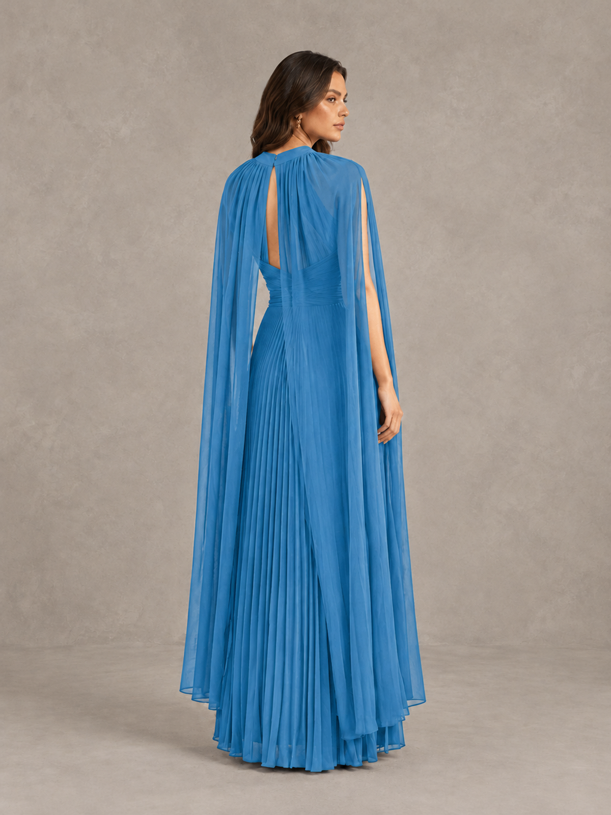 BOLODOO Blue Pleated Cape Maxi Wedding Guest Dress - Blue - Blue (2)