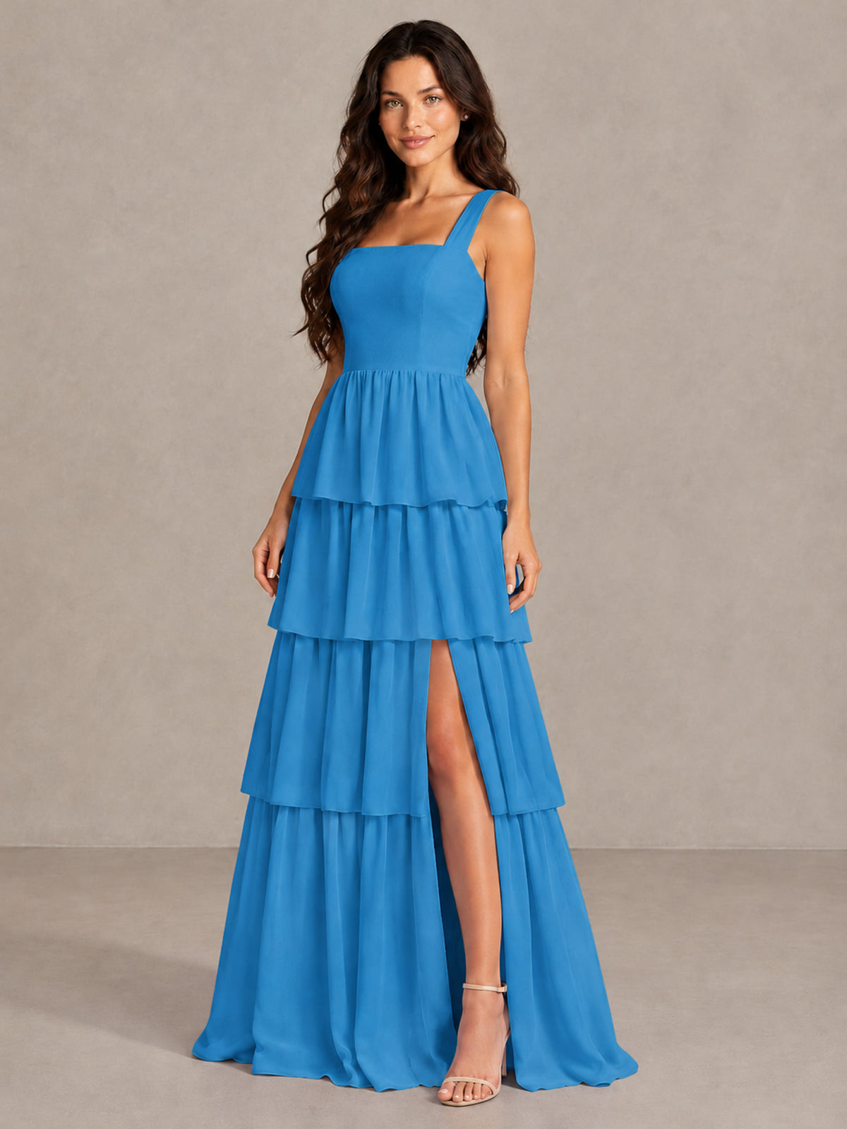 BOLODOO Blue Square Neck Tiered Bridesmaid Dress with Slit - Blue - Blue (3)