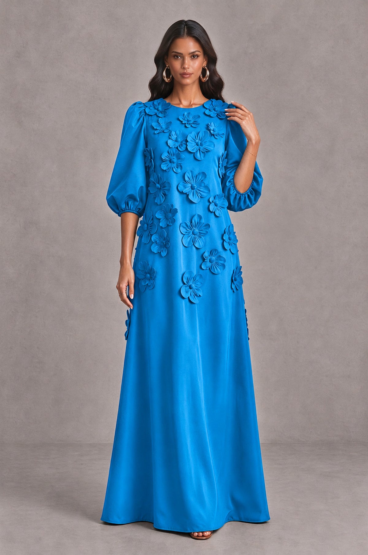 BOLODOO Blue Floral Applique Puff Sleeve A-Line Evening Dress - Blue - Blue (3)