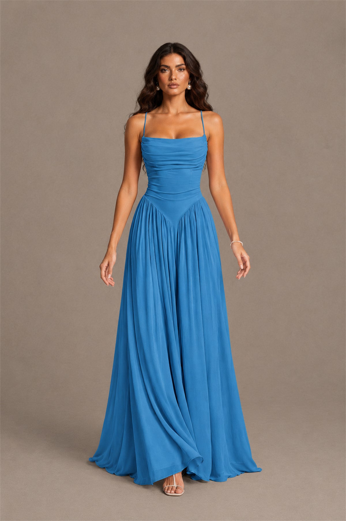 BOLODOO Blue Spaghetti Strap Square Neck Ruched Chiffon Maxi Dress with Lace-Up Back - Blue