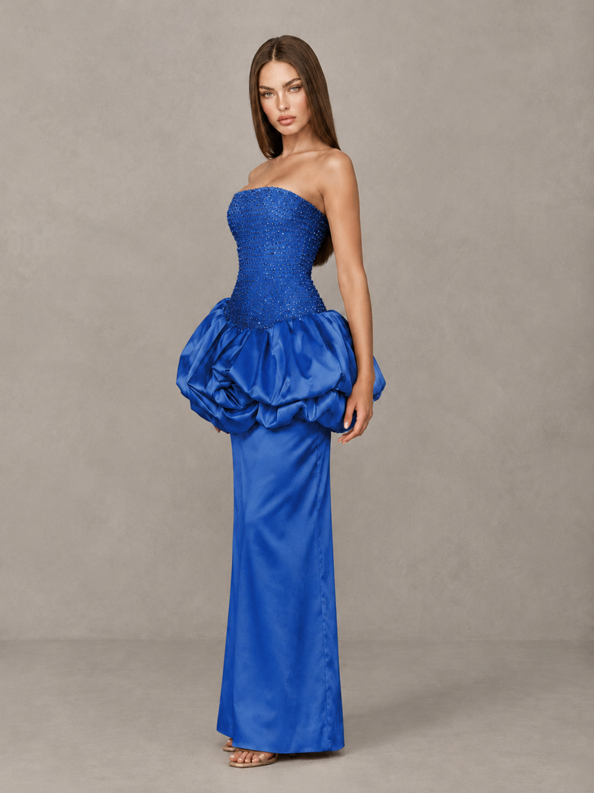 BOLODOO Blue Strapless Embellished Bubble Peplum Evening Dress - Blue - Blue (3)