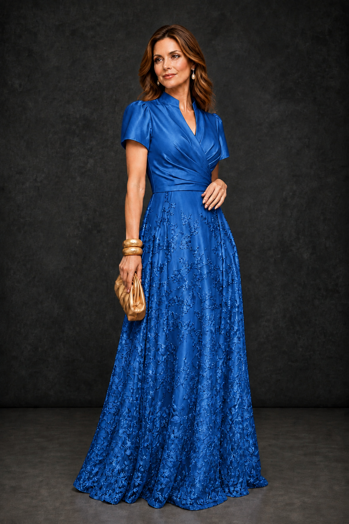 BOLODOO Blue Satin Wrap V-Neck Short Sleeve Lace Glitter A-Line Floor Length Evening Gown – Formal Dress - Blue - Blue (3)