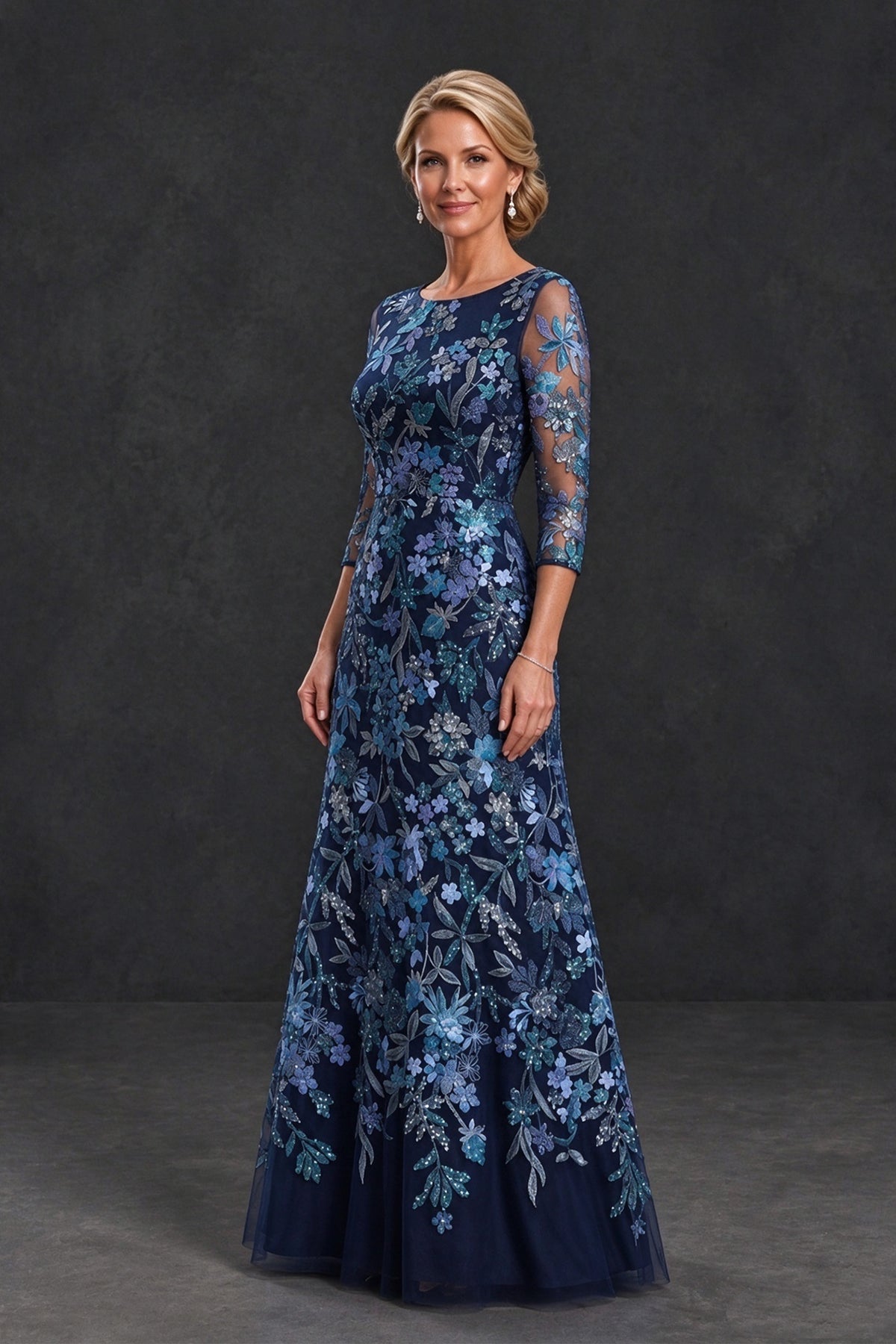 BOLODOO Blue Floral Embroidered Mother of the Bride Dress with 3/4 Sleeves - Blue - Blue (3)