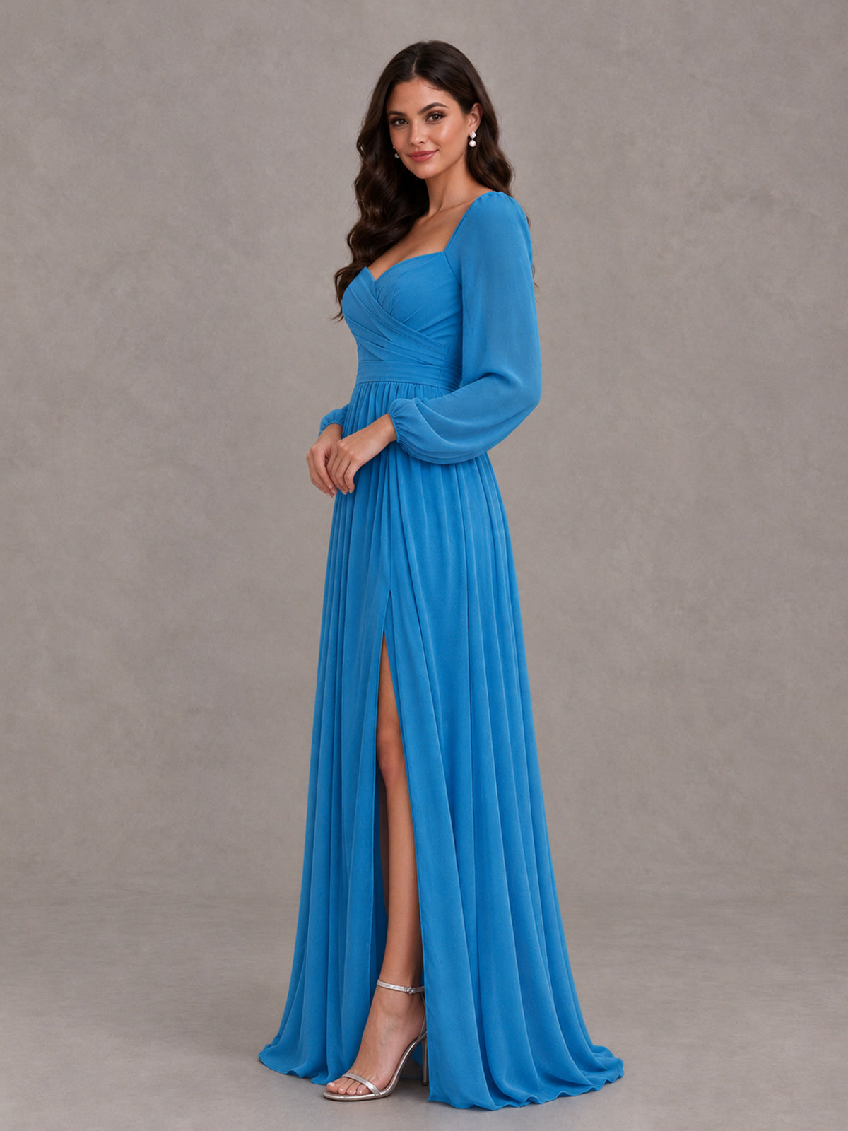 BOLODOO Blue Long Sleeve Chiffon Bridesmaid Dress with Slit - Blue - Blue (3)