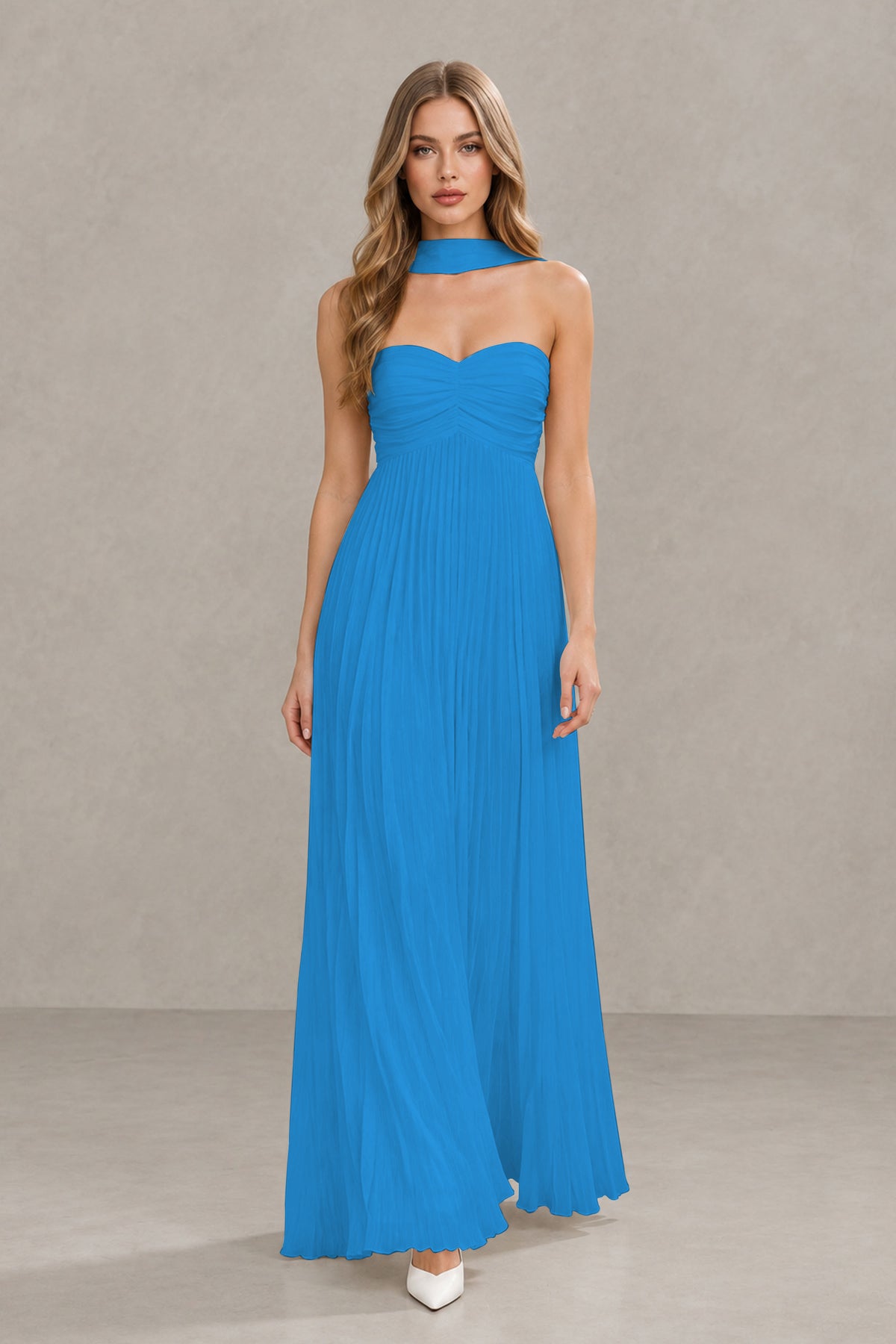 BOLODOO Blue Strapless Chiffon-Look Maxi Dress with Lace-Up Back & Cape - Blue