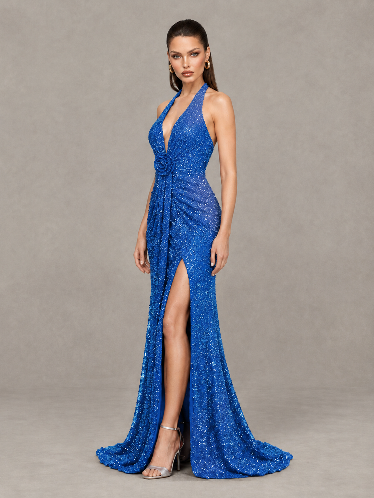 BOLODOO Blue Sequin Halter Open Back Evening Gown with High Slit - Blue - Blue (3)