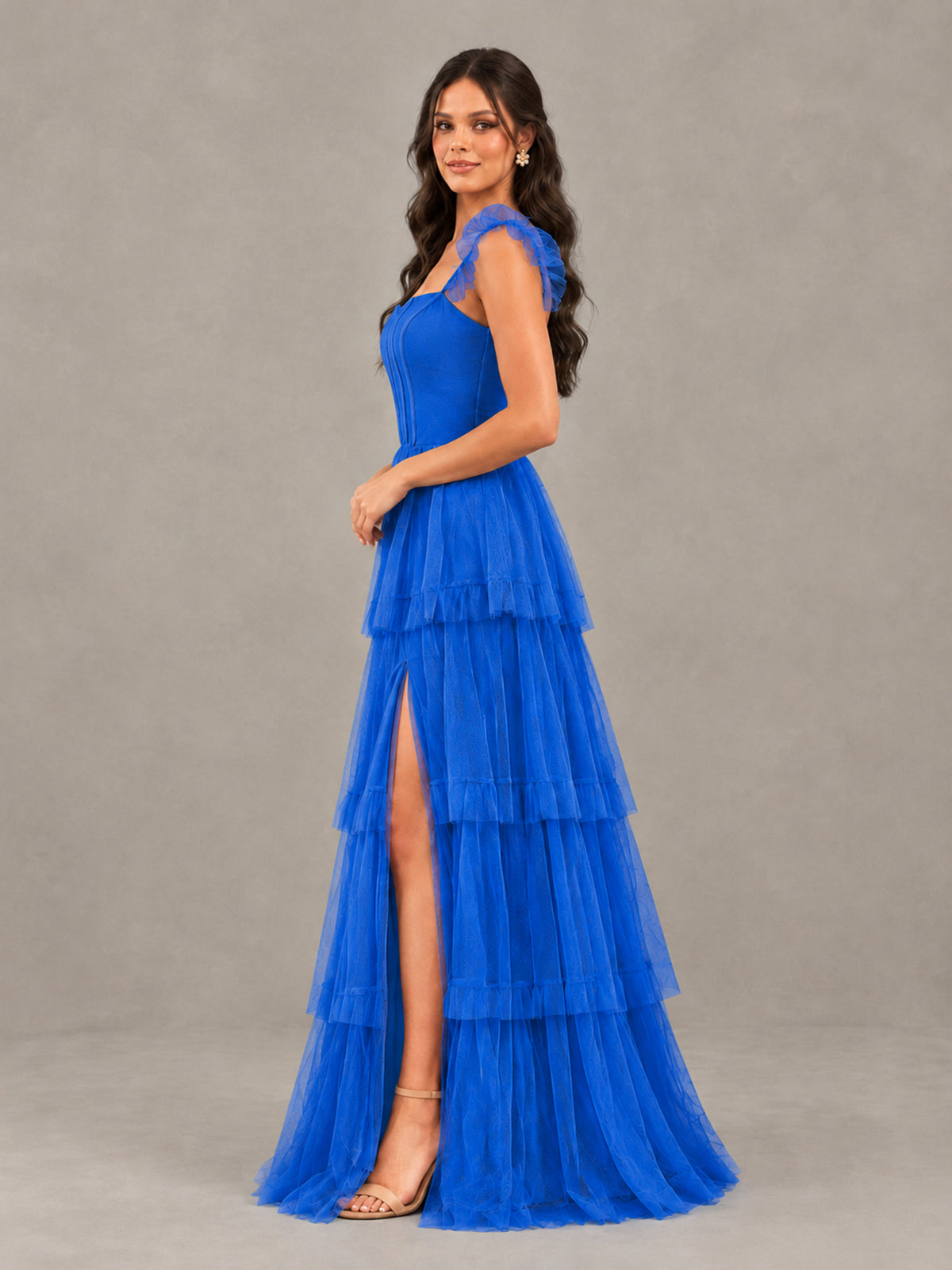 BOLODOO Blue Tiered Tulle Bridesmaid Dress with Slit - Blue - Blue (3)