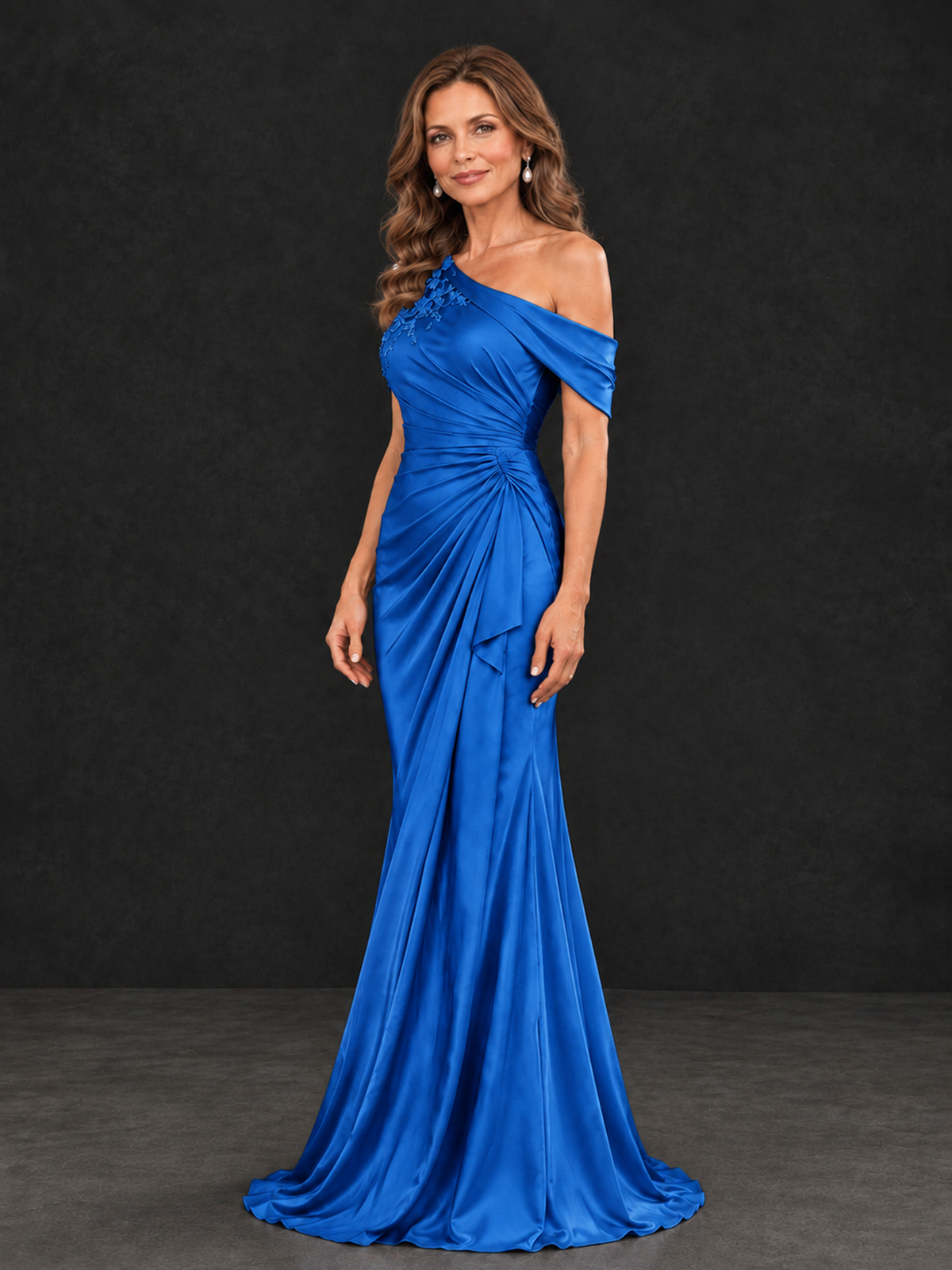 BOLODOO Blue Asymmetric Satin Mother of the Bride Dress with Lace Sleeve - Blue - Blue (3)