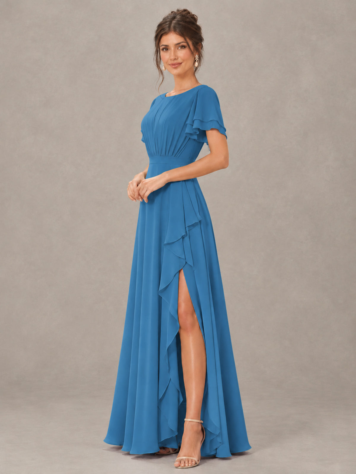 BOLODOO Blue Flutter Sleeve Ruffle Bridesmaid Dress with Slit - Blue - Blue (3)