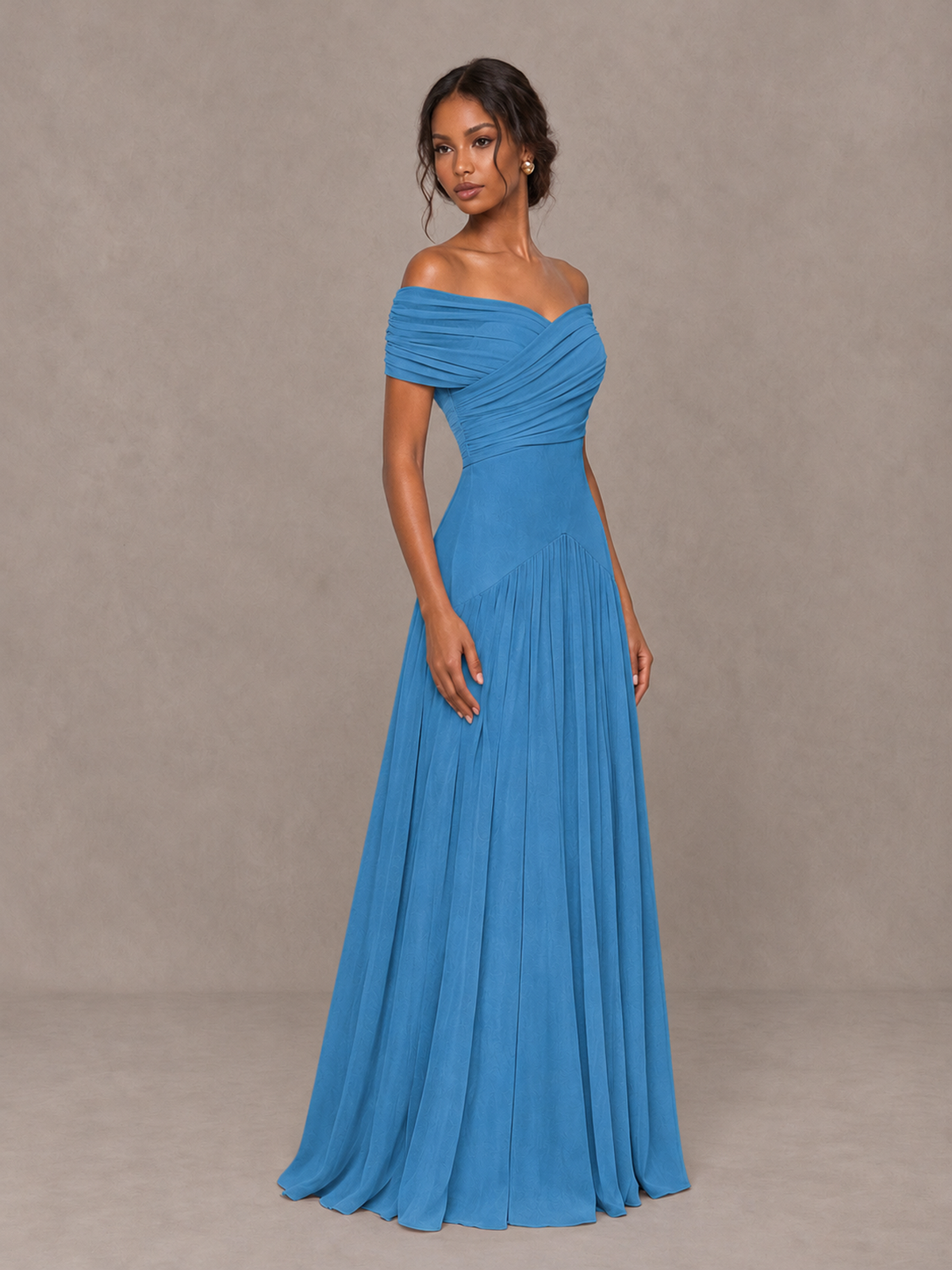 BOLODOO Blue Off-Shoulder Ruched A-Line Bridesmaid Dress - Blue - Blue (3)
