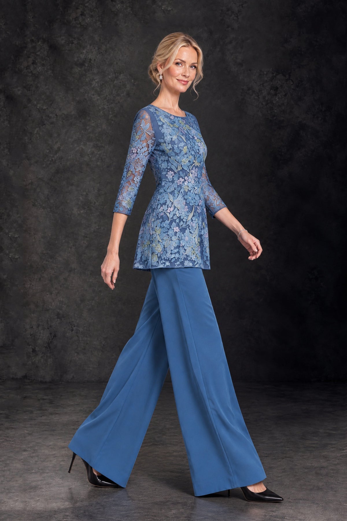 BOLODOO Blue Floral Mother of the Bride Pant Suit with Wide-Leg Pants - Blue - Blue (3)