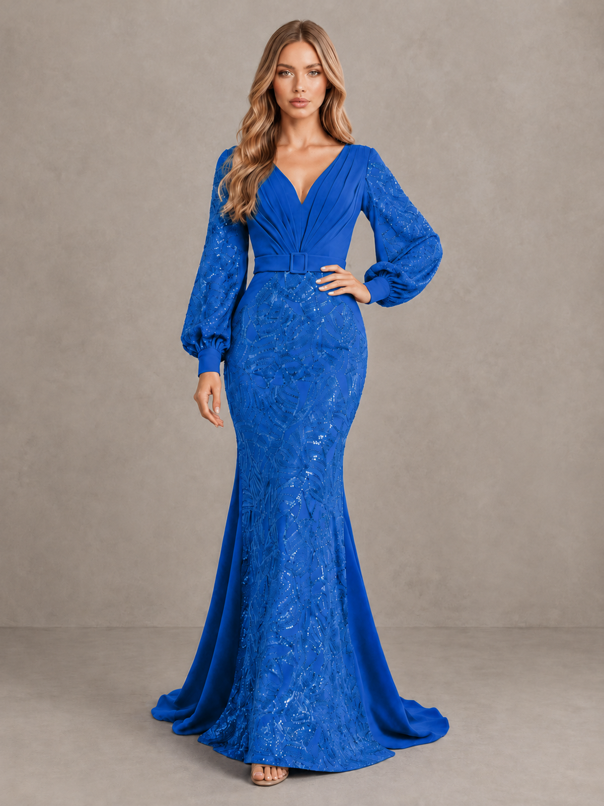 BOLODOO Blue Sequin Long Bishop Sleeve Mermaid Evening Dress - Blue - Blue (3)