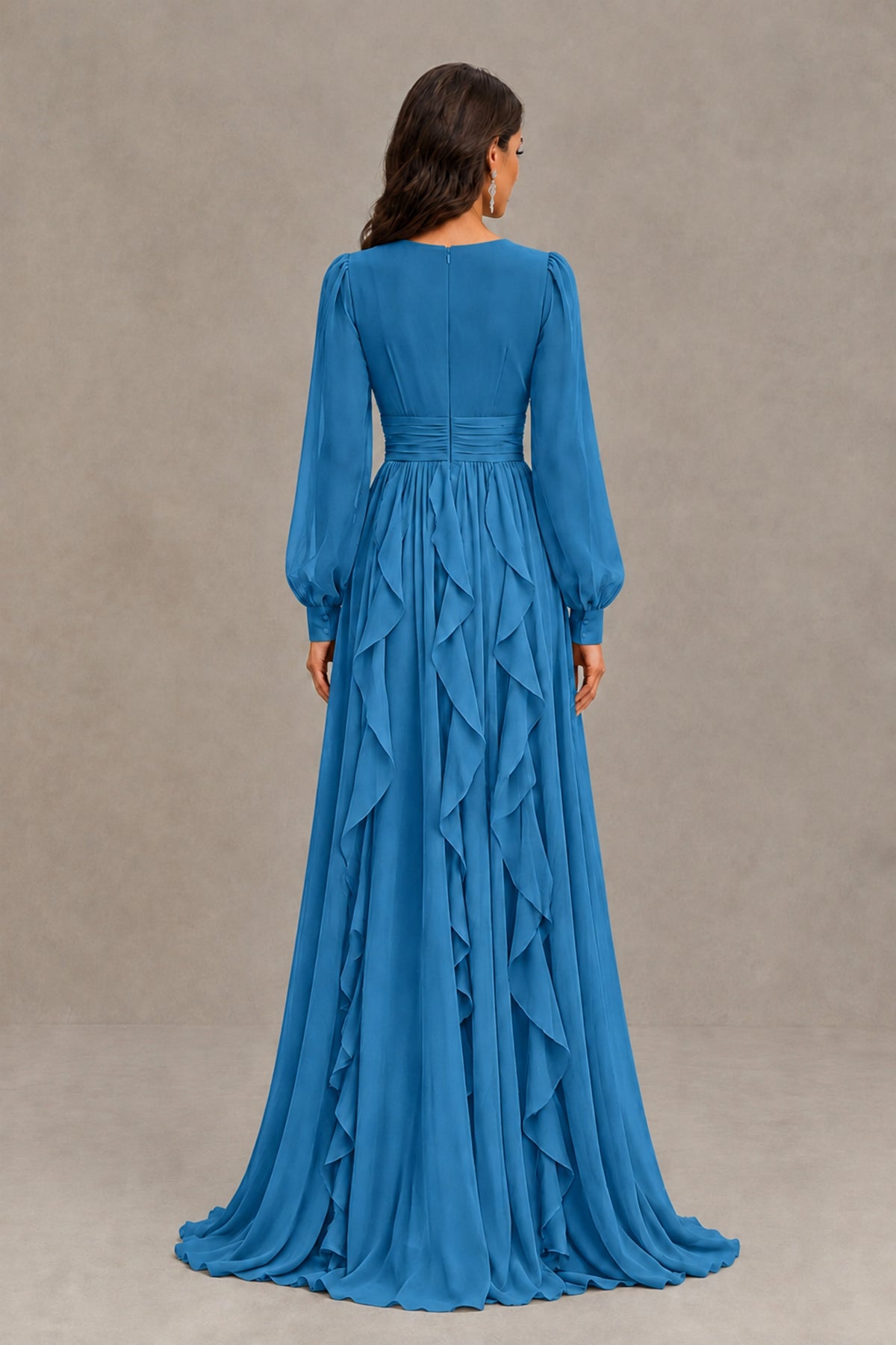 BOLODOO Blue Long Sleeve V-Neck Ruffle Maxi Dress - Blue - Blue (3)