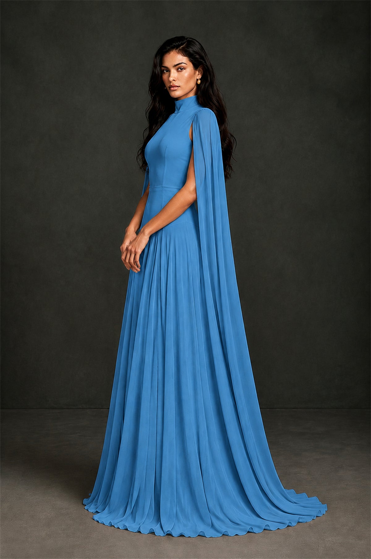 BOLODOO Blue Mock Neck Cape Sleeve A-Line Chiffon Maxi Dress - Blue - Blue (3)