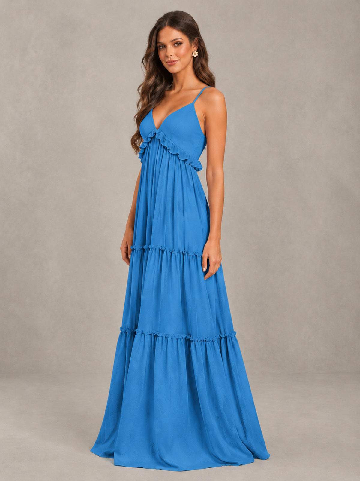 BOLODOO Blue Tiered V-Neck Lace-Up Back Bridesmaid Dress - Blue - Blue (3)