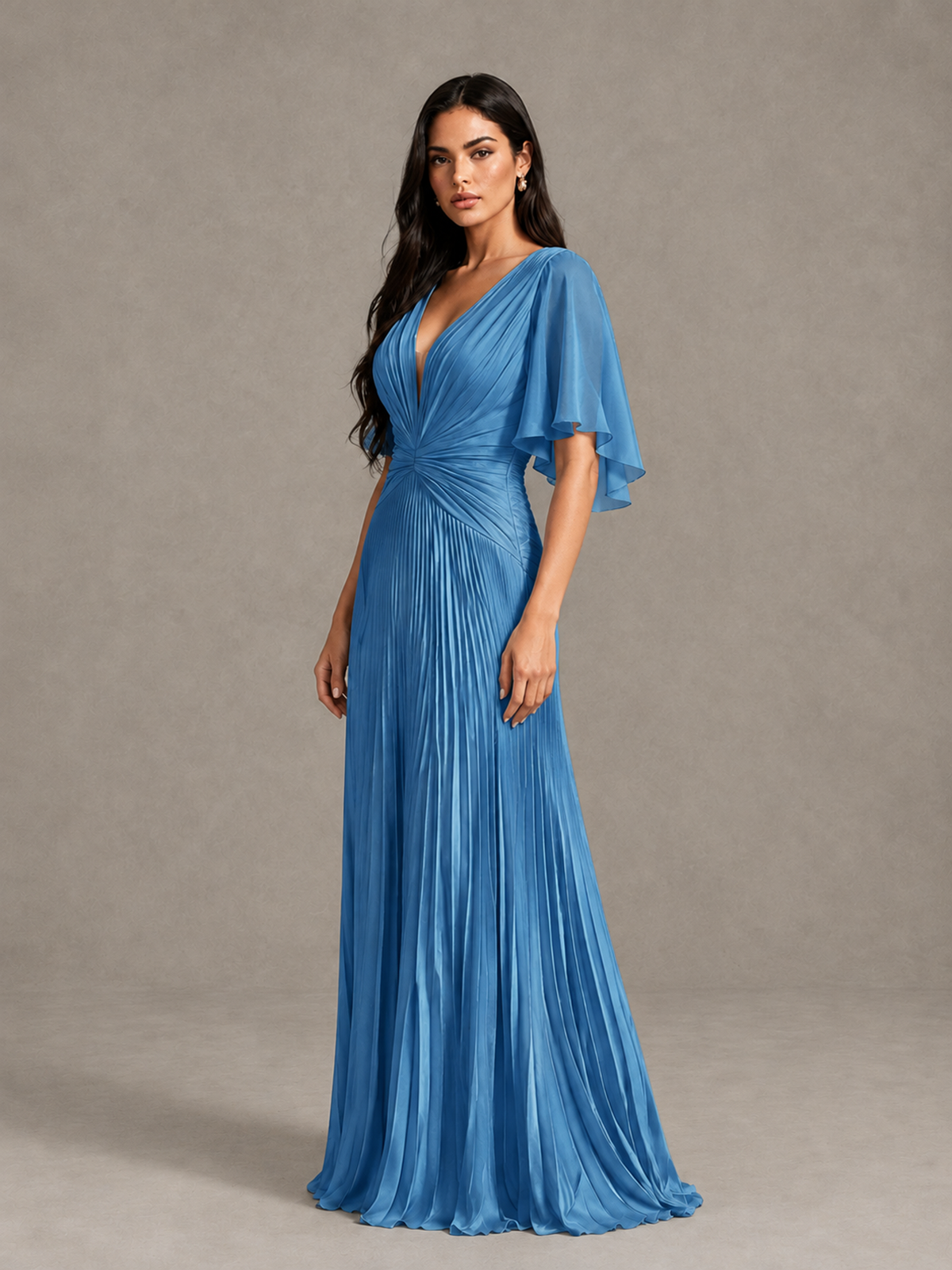 BOLODOO Blue Pleated V-Neck Flutter Sleeve Bridesmaid Dress - Blue - Blue (3)