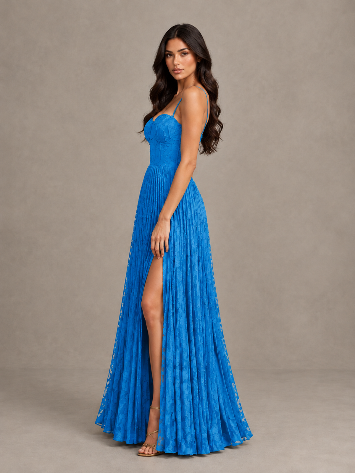 BOLODOO Blue Pleated Bridesmaid Dress with Sweetheart Neckline & Slit - Blue - Blue (3)