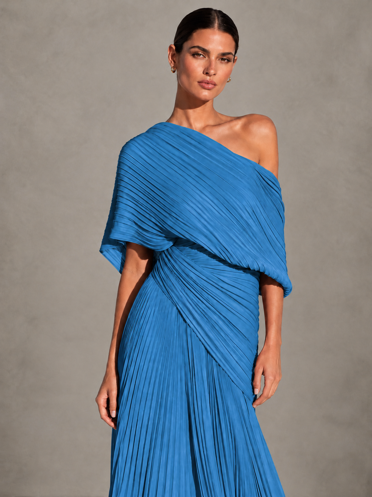 BOLODOO Blue One-Shoulder Pleated Cape Evening Gown with Train - Blue - Blue (3)