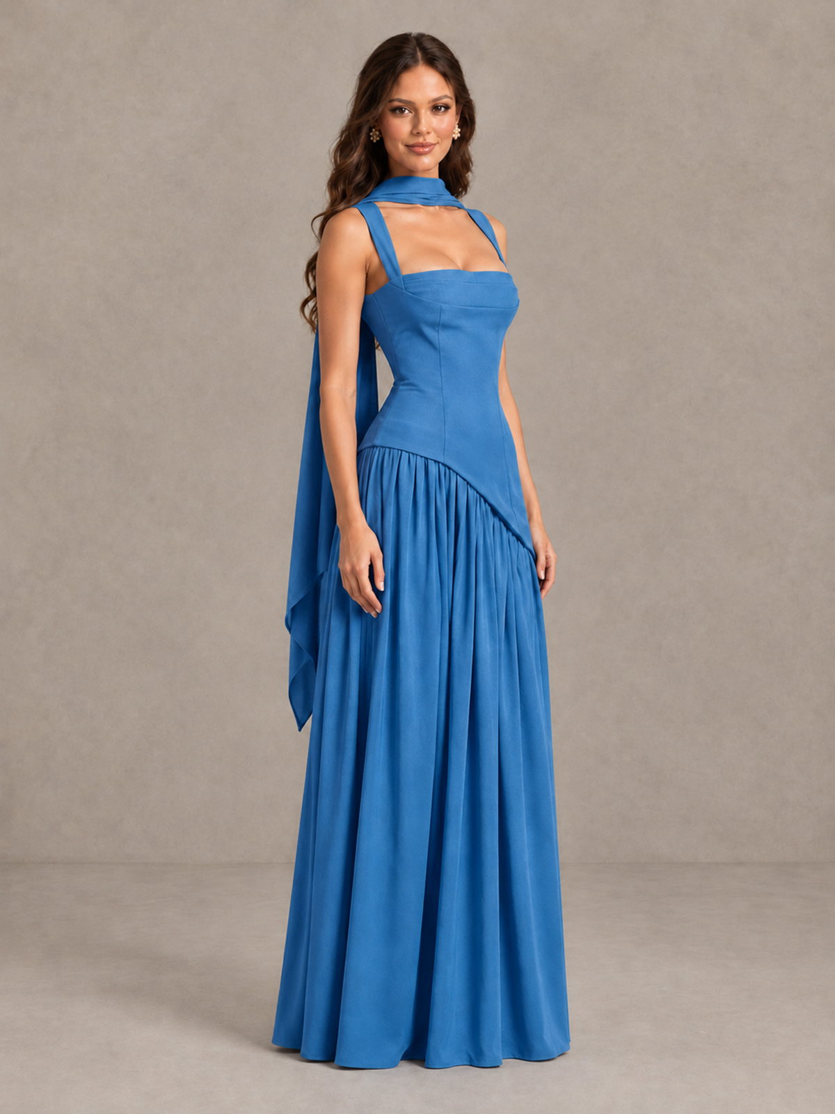 BOLODOO Blue Brown Scarf Bridesmaid Dress with Lace-Up Back - Blue - Blue (3)