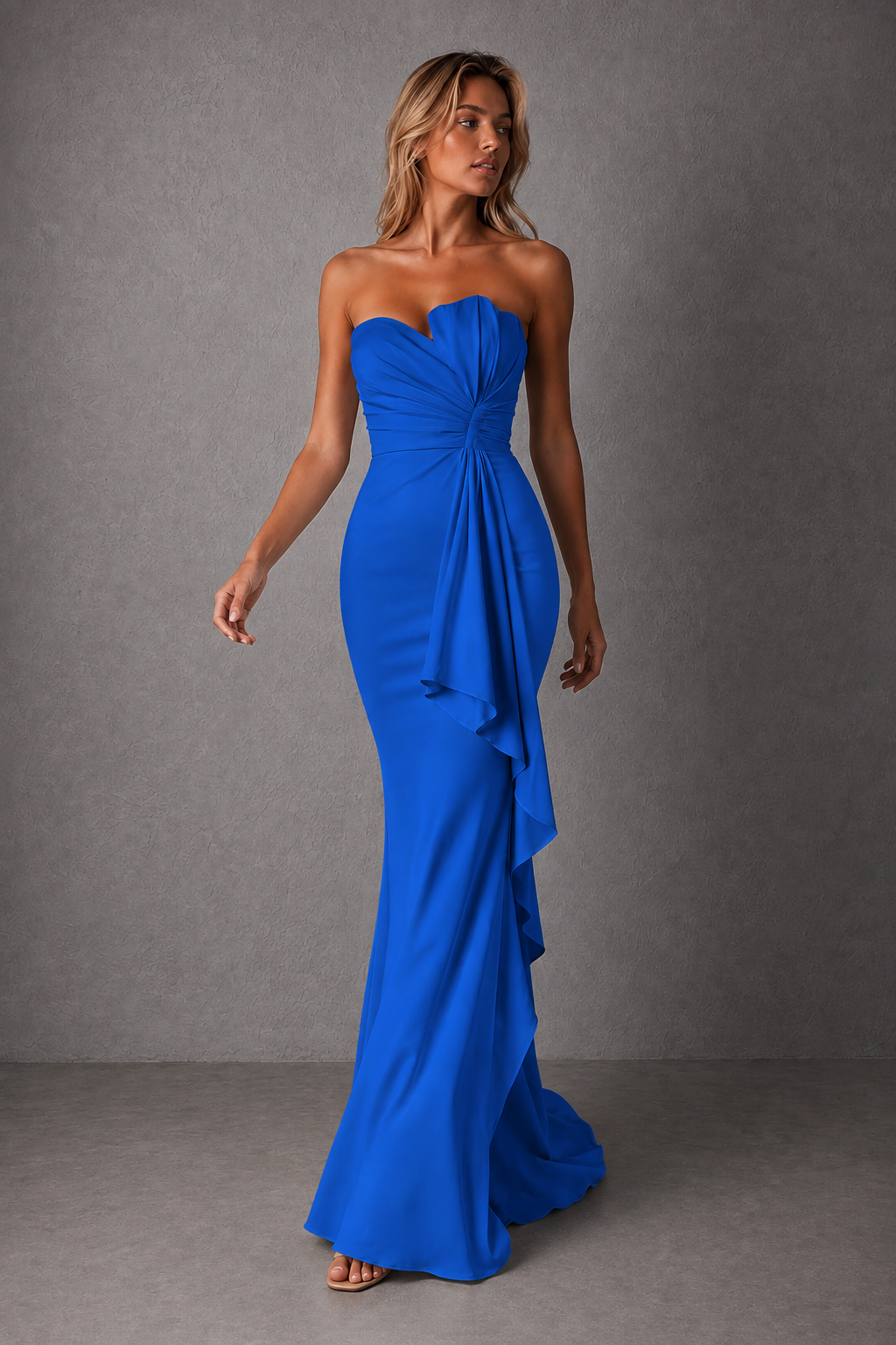 BOLODOO Blue Strapless Sweetheart Ruched Mermaid Gown | Cascade Drape Formal Evening Dress - Blue