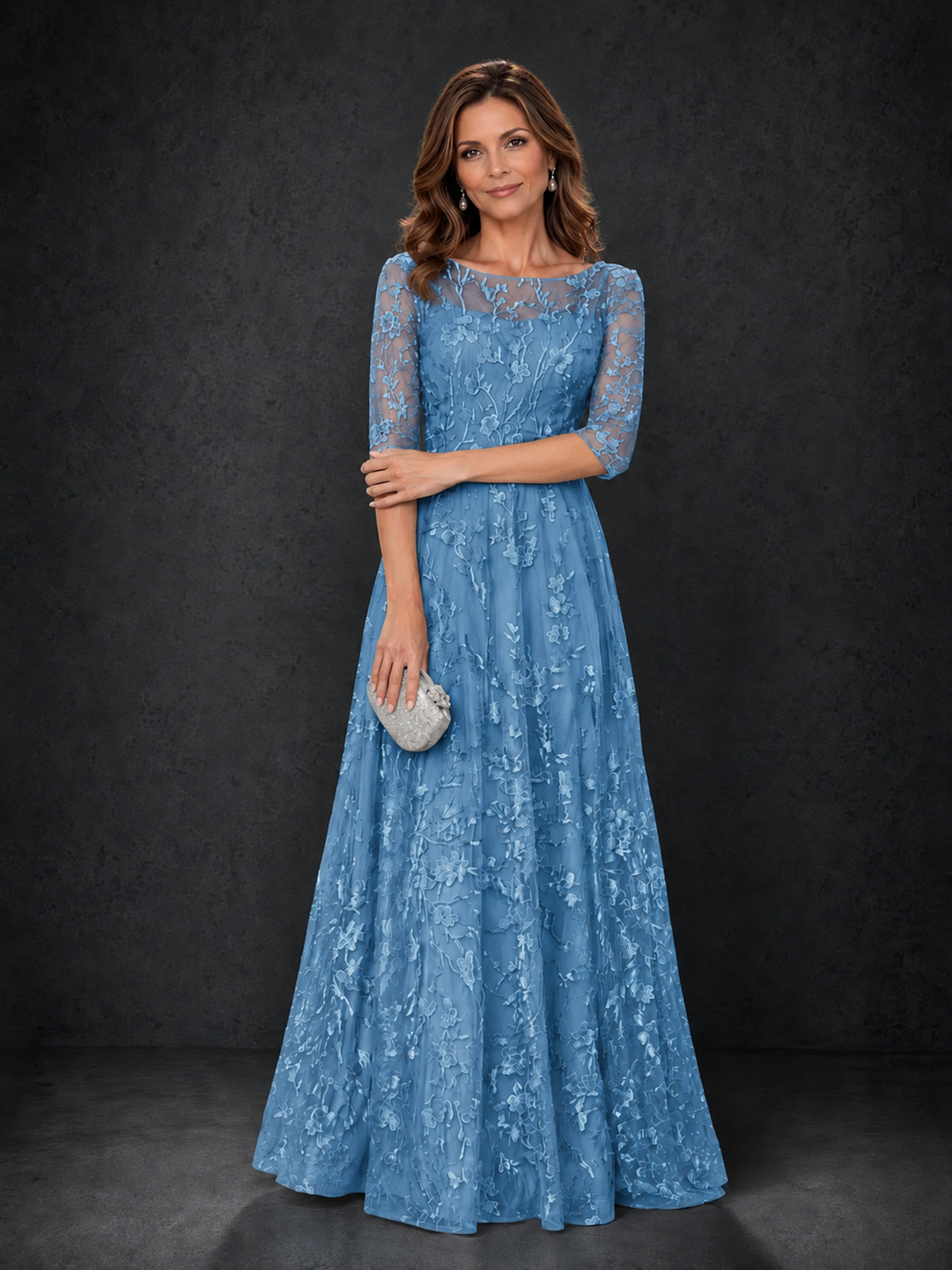 BOLODOO Blue Illusion Bateau Neck 3/4 Sleeve Floral Lace A-Line Mother of the Bride Dress MX007 - Blue