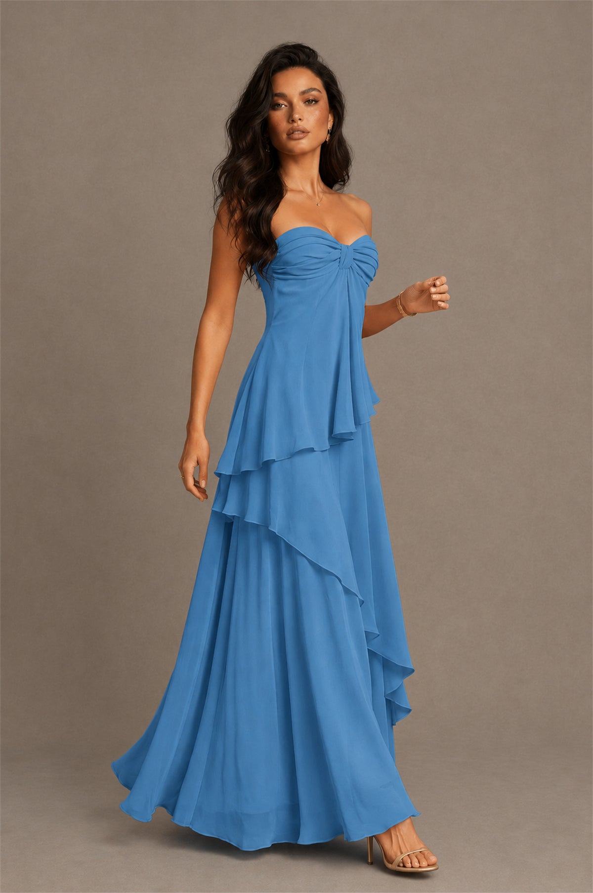 BOLODOO Blue Strapless Sweetheart Knotted Chiffon Tiered Maxi Dress with Lace-Up Back - Blue