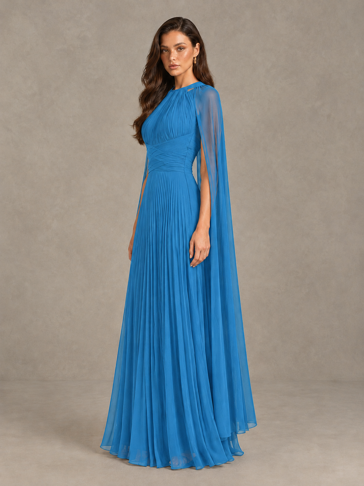 BOLODOO Blue Pleated Cape Maxi Wedding Guest Dress - Blue - Blue (3)