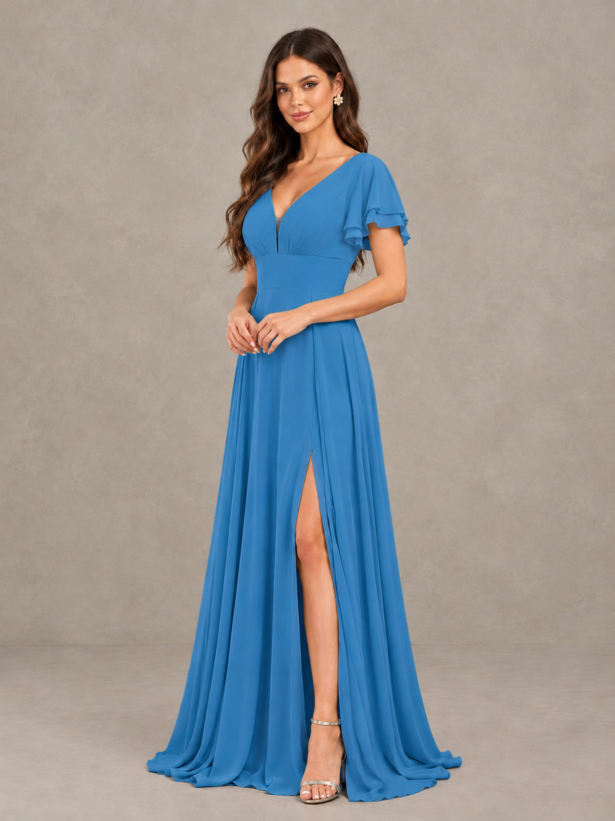BOLODOO Blue Flutter Sleeve Chiffon A-Line Maxi Bridesmaid Dress with Open Back & Slit - Blue - Blue (3)
