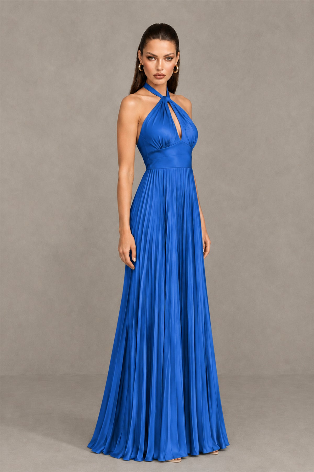 BOLODOO Blue Halter Pleated A-Line Evening Dress - Blue