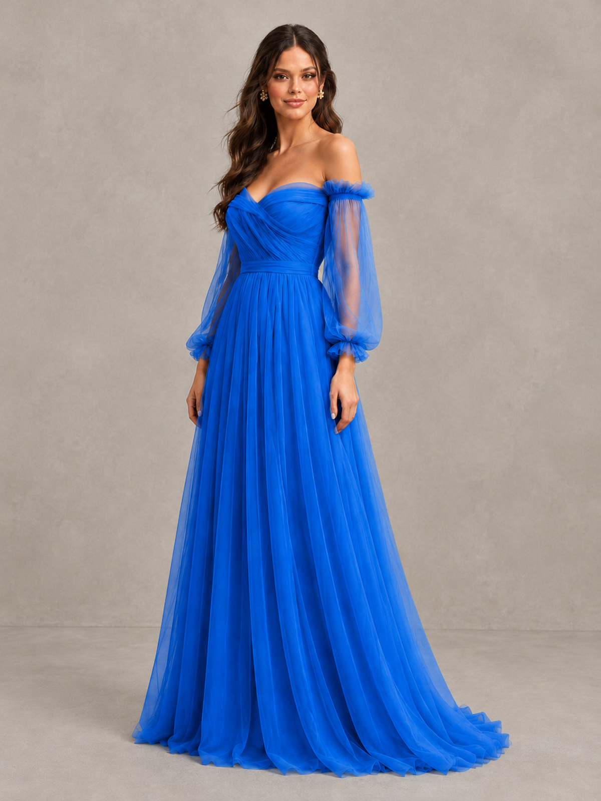 BOLODOO Blue Off-the-Shoulder Long Sleeve A-Line Bridesmaid Dress - Blue - Blue (3)
