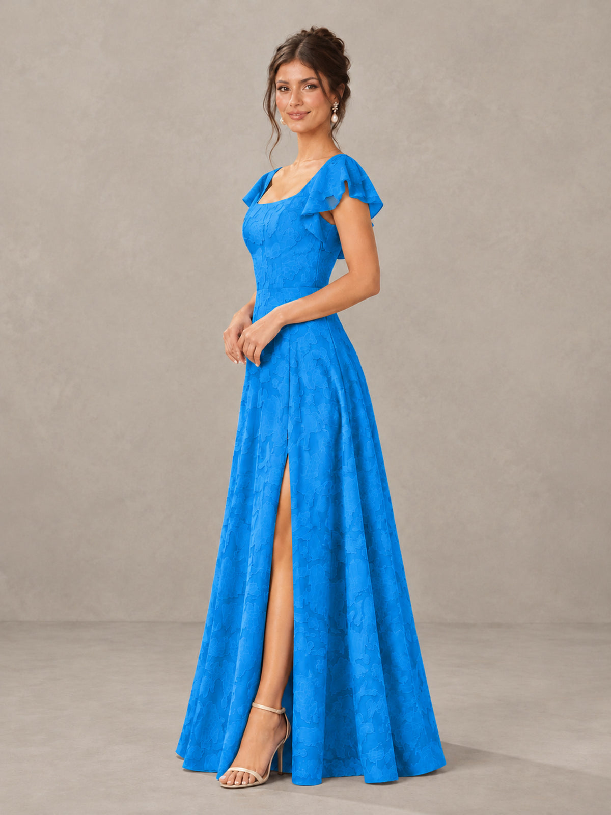 BOLODOO Blue Floral Flutter Sleeve Bridesmaid Dress with Slit - Blue - Blue (3)