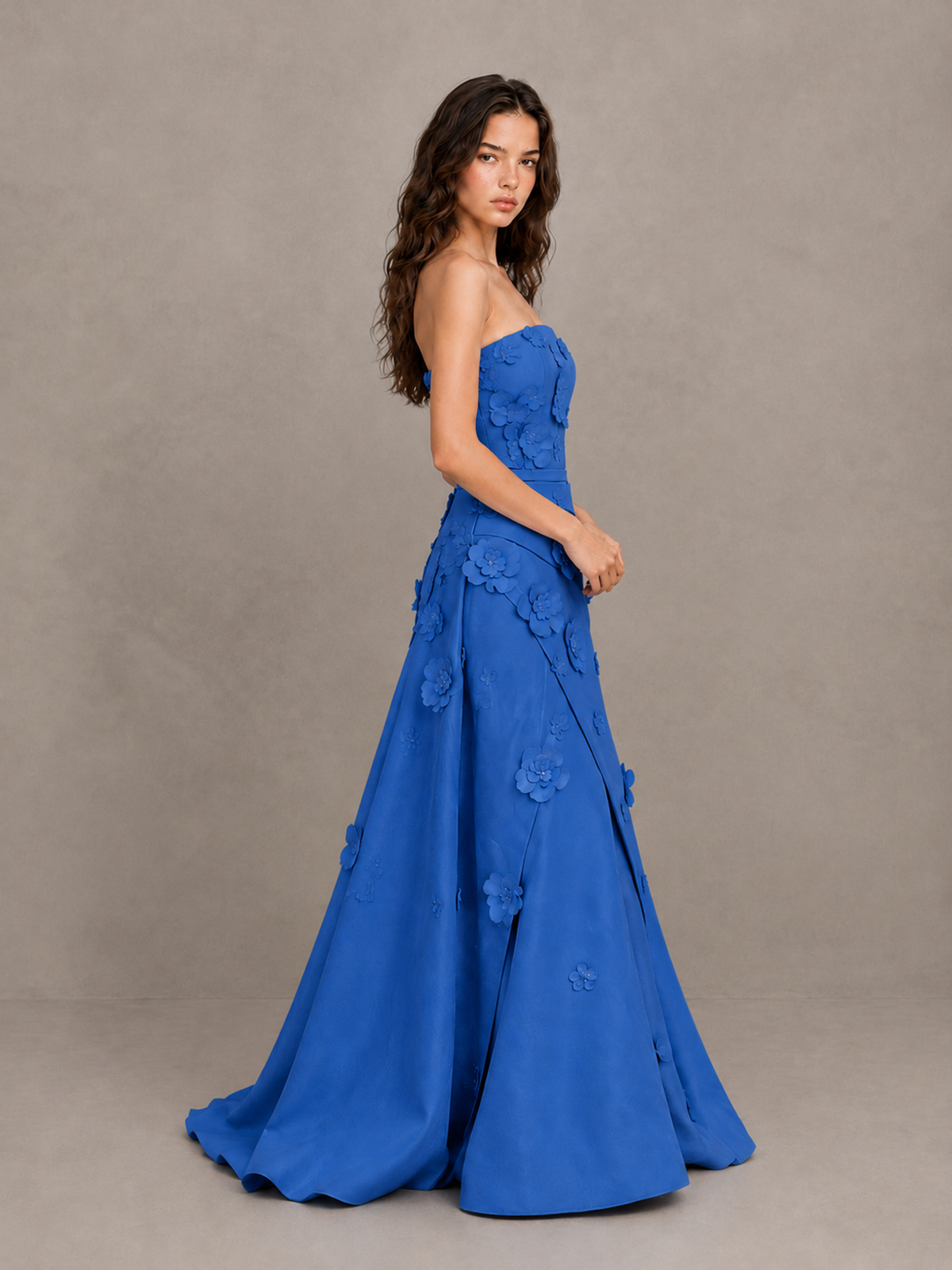 BOLODOO Blue Strapless 3D Floral Applique Prom Gown with Draped Skirt - Blue - Blue (3)