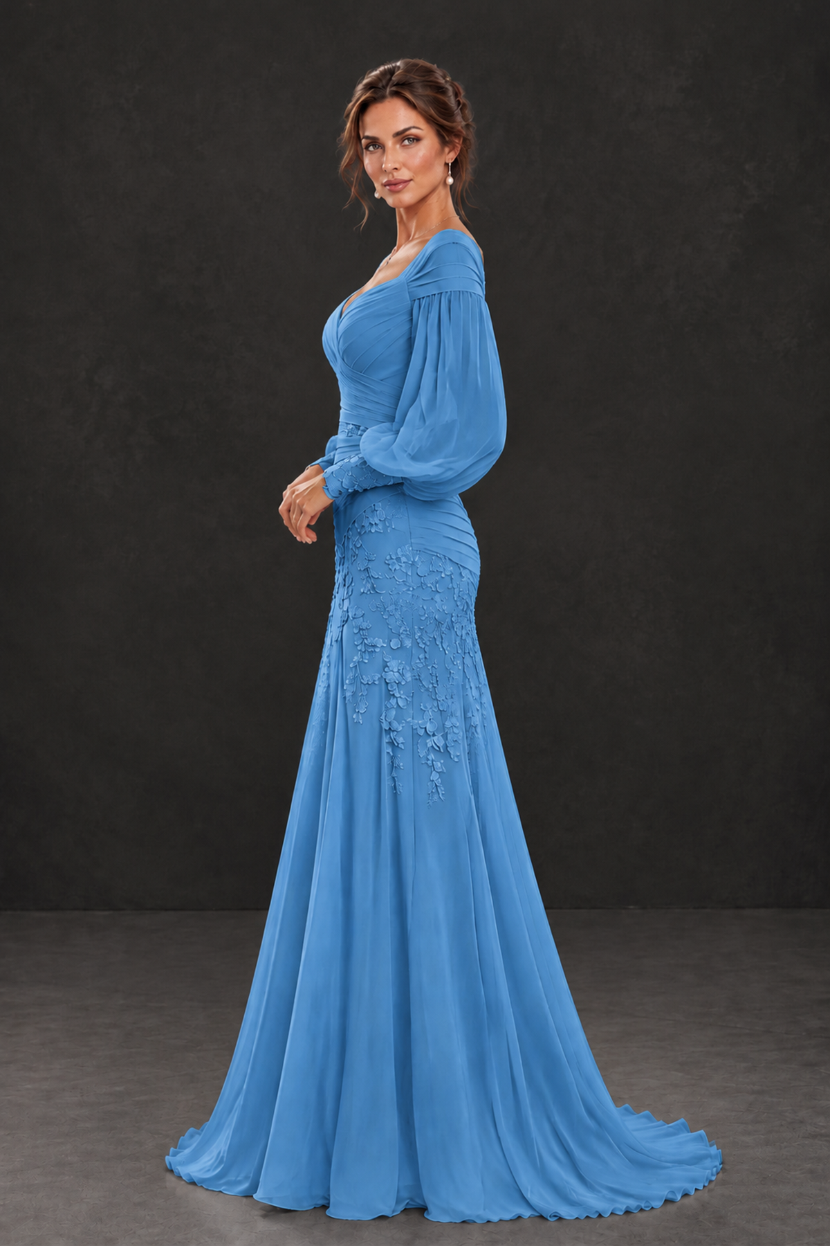 BOLODOO Blue Long Sleeve Mother of the Bride Dress with Floral Appliqués - Blue - Blue (3)