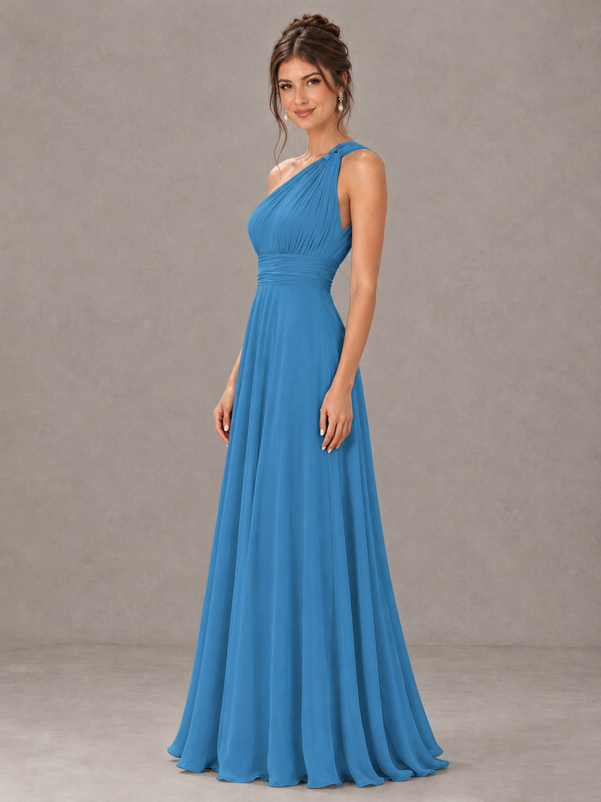 BOLODOO Blue One-Shoulder Chiffon-Look Bridesmaid Dress - Blue - Blue (3)