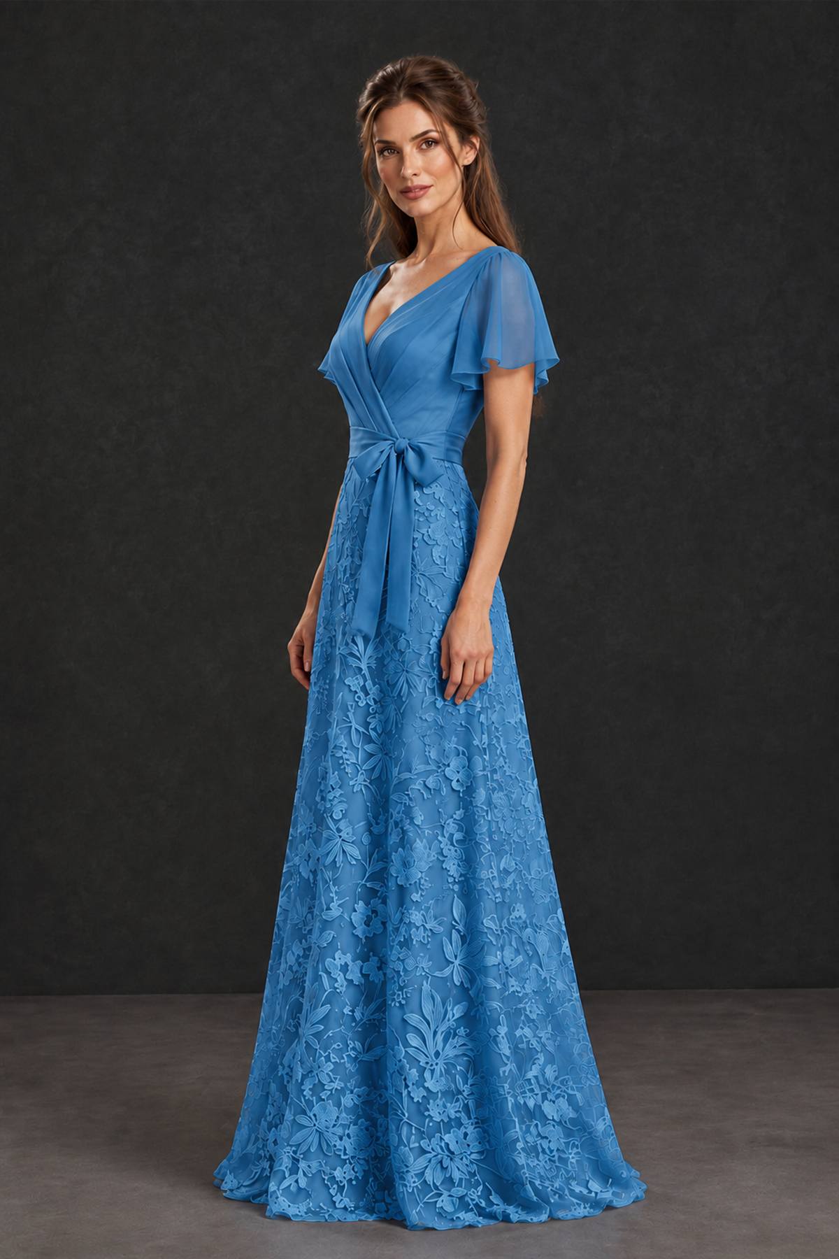 BOLODOO Blue Flutter Sleeve Lace Mother of the Bride Dress - Blue