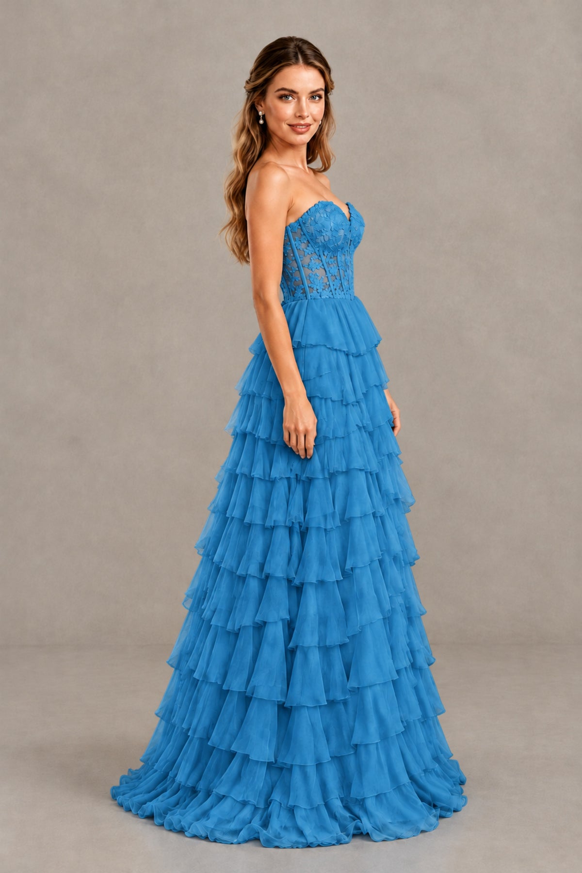 BOLODOO Blue Strapless Lace Corset Tiered Ruffle Prom Dress with Slit - Blue - Blue (3)
