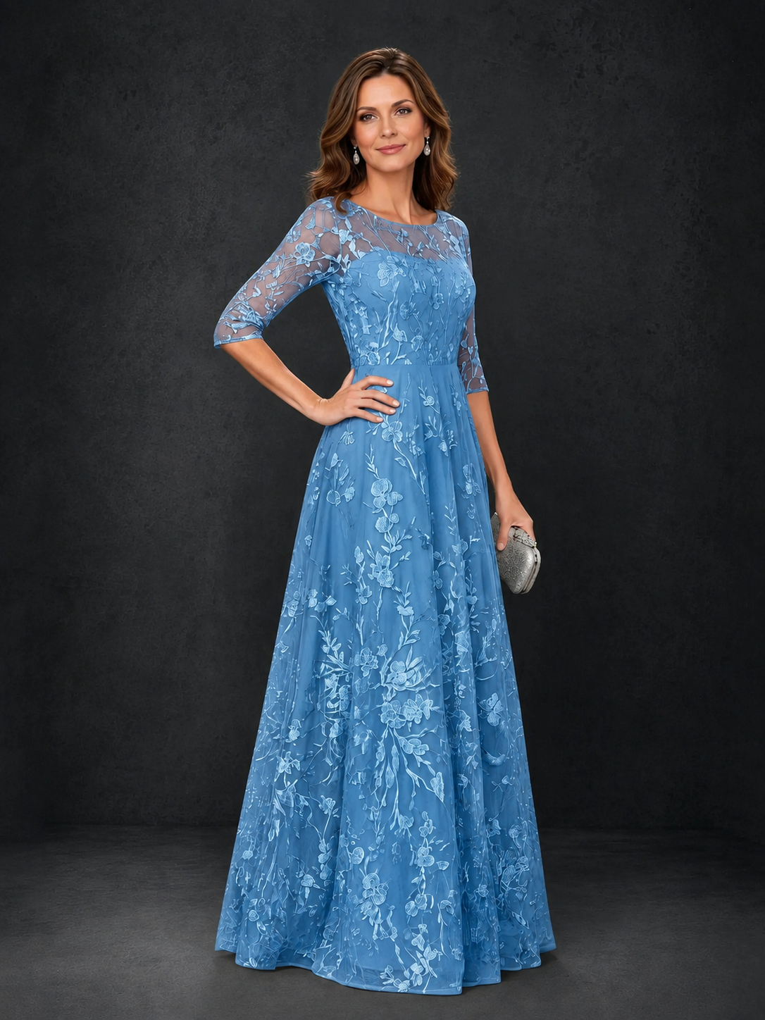 BOLODOO Blue Illusion Bateau Neck 3/4 Sleeve Floral Lace A-Line Mother of the Bride Dress MX007 - Blue