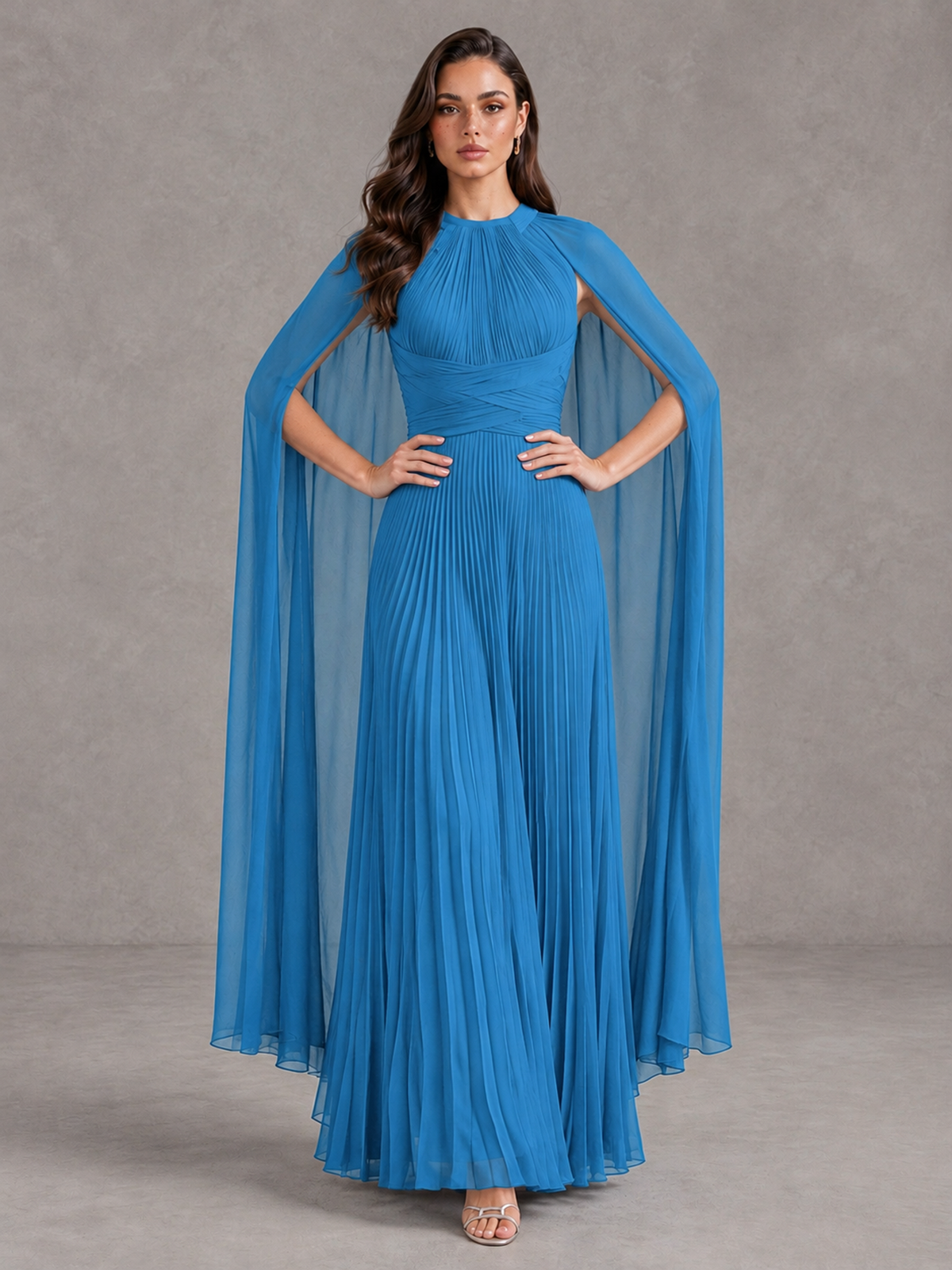 BOLODOO Blue Pleated Cape Maxi Wedding Guest Dress - Blue - Blue (4)