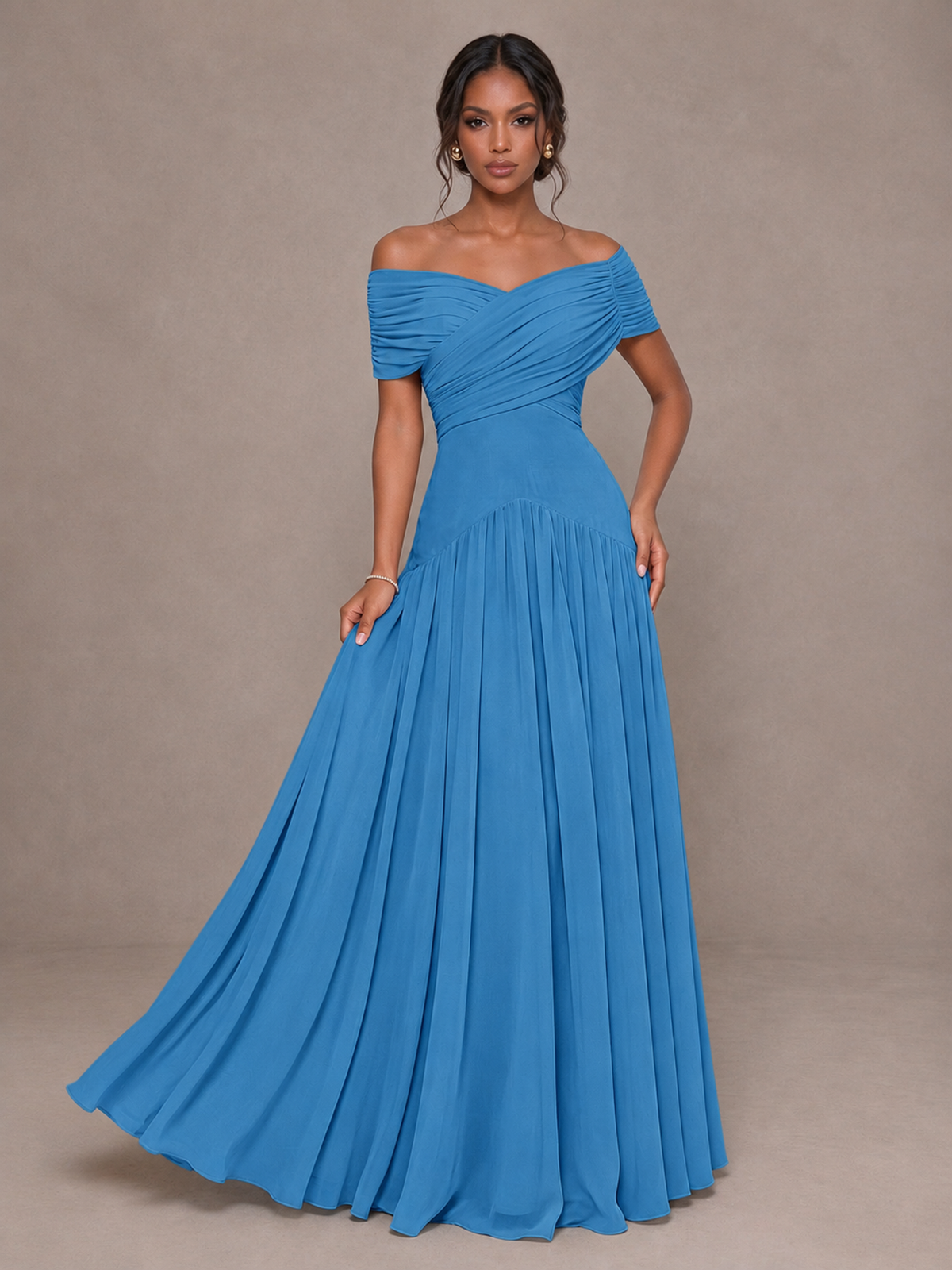 BOLODOO Blue Off-Shoulder Ruched A-Line Bridesmaid Dress - Blue - Blue (4)