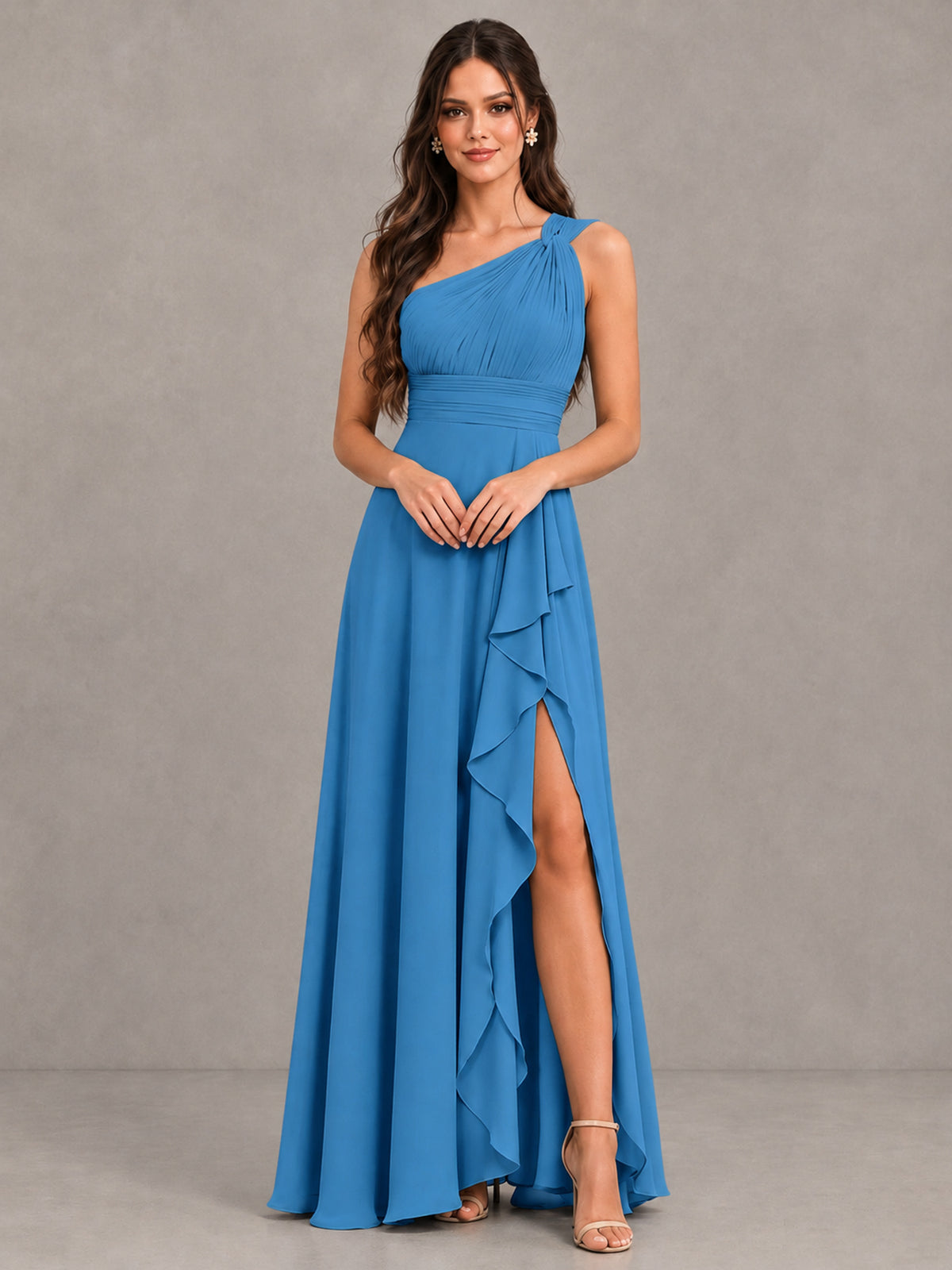BOLODOO Blue One-Shoulder Ruffle Bridesmaid Dress with Slit - Blue - Blue (4)