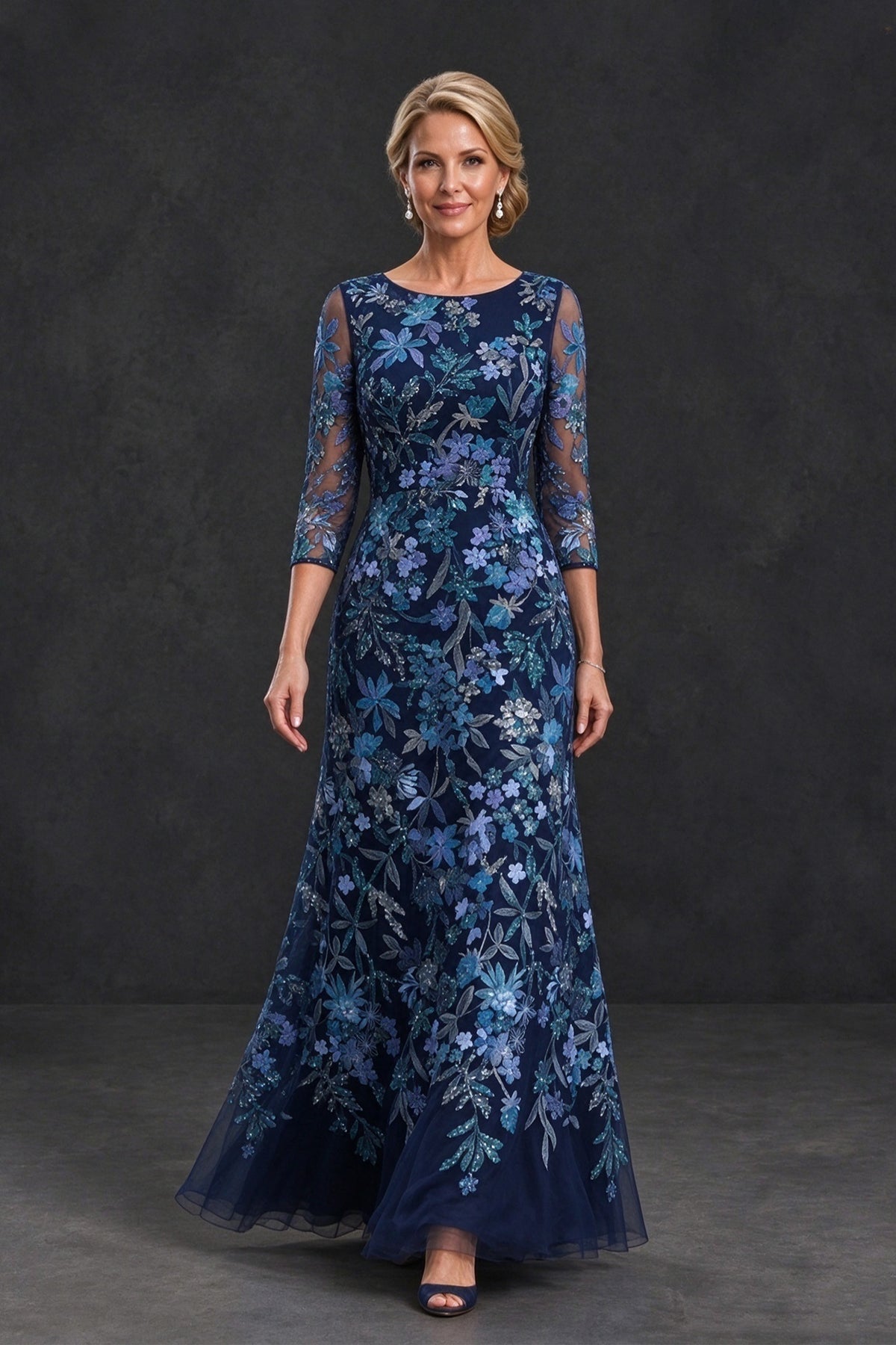 BOLODOO Blue Floral Embroidered Mother of the Bride Dress with 3/4 Sleeves - Blue - Blue (4)