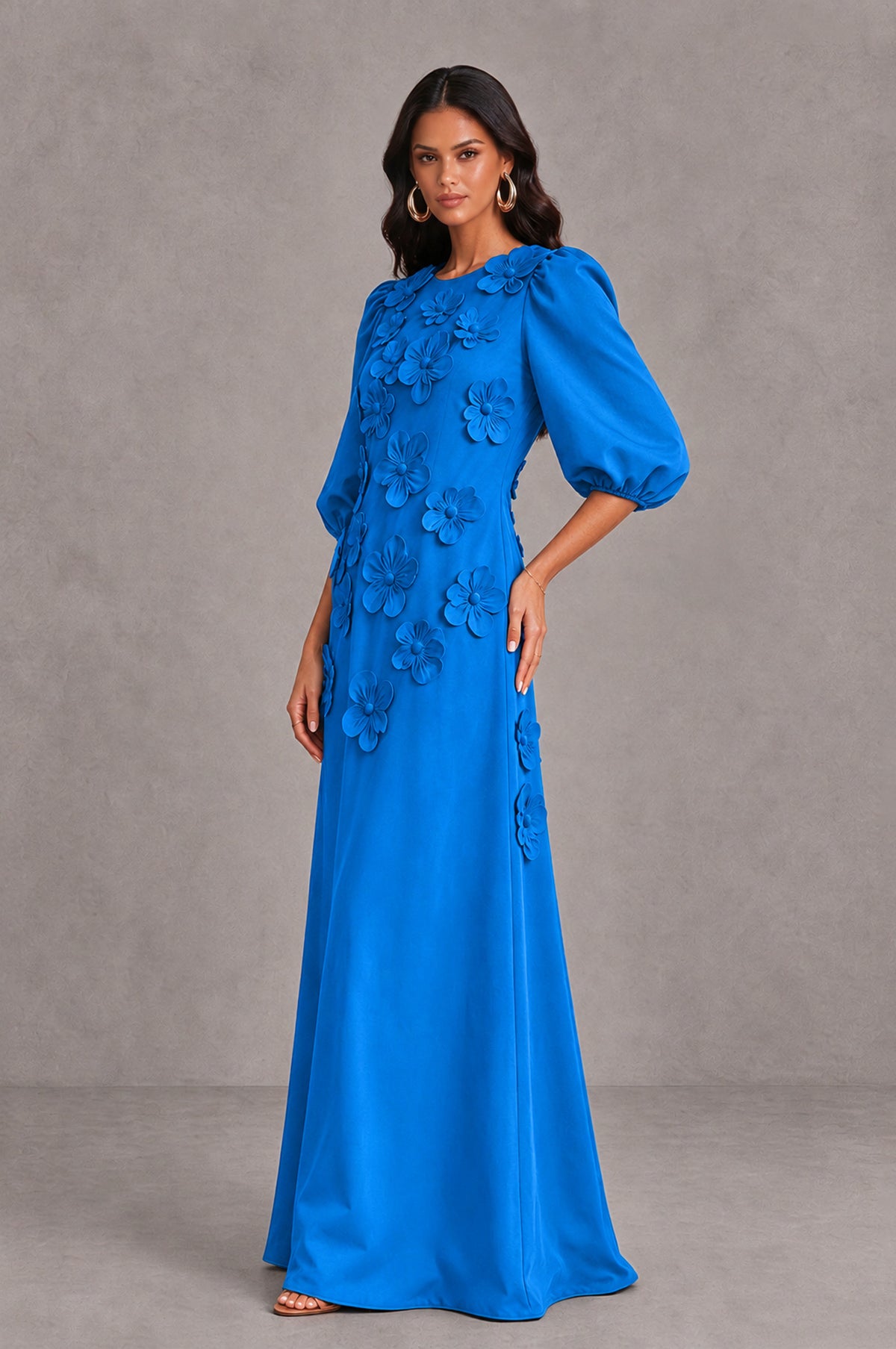BOLODOO Blue Floral Applique Puff Sleeve A-Line Evening Dress - Blue - Blue (4)