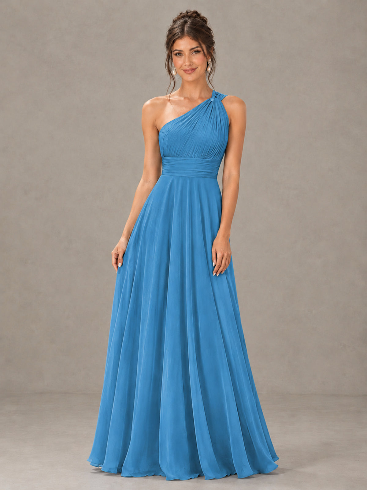 BOLODOO Blue One-Shoulder Chiffon-Look Bridesmaid Dress - Blue - Blue (4)